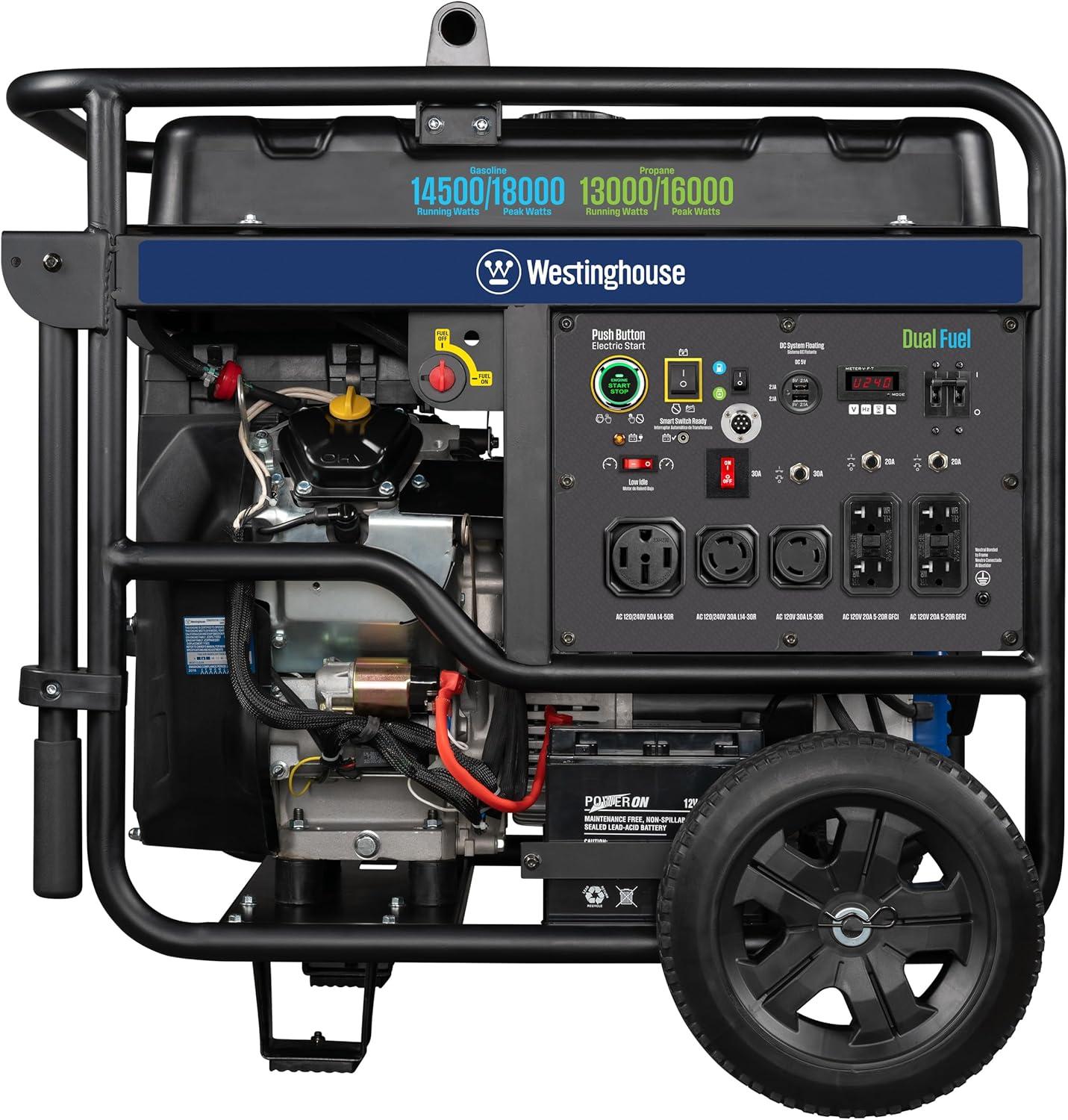 image:imageWestinghouse 18000 Peak Watt TriFuel Home Backup Portable Generator Remote Electric Start Transfer Switch Ready Gas Propane and Natural Gas Powered CO Sensor18000 Watts Dual Fuel