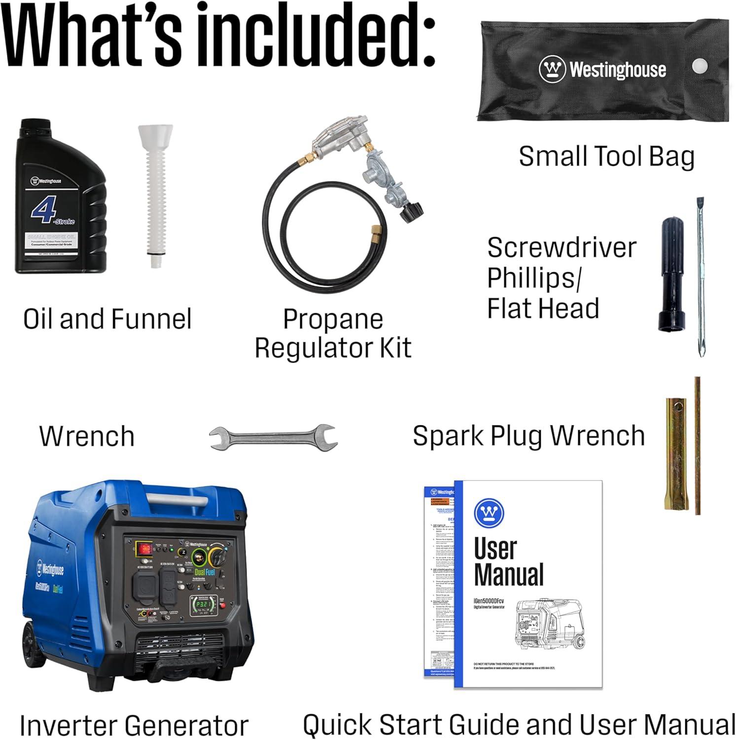 image:imageWestinghouse 4000 Peak Watt Super Quiet Dual Fuel Portable Inverter Generator Remote Electric Start Gas amp Propane Powered RV Ready CO Sensor Parallel Capable5000 Watts Dual Fuel Recoil Start