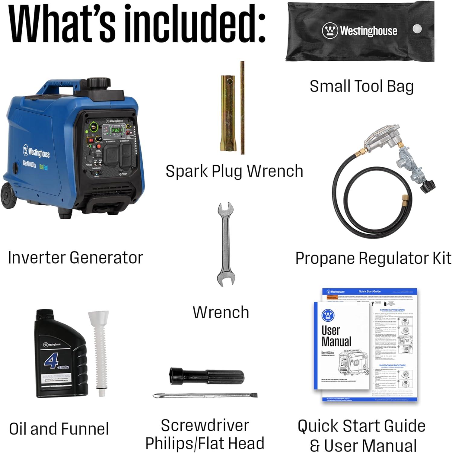 image:imageWestinghouse 4000 Peak Watt Super Quiet Dual Fuel Portable Inverter Generator Remote Electric Start Gas amp Propane Powered RV Ready CO Sensor Parallel Capable4000 Watts Dual Fuel Recoil Start