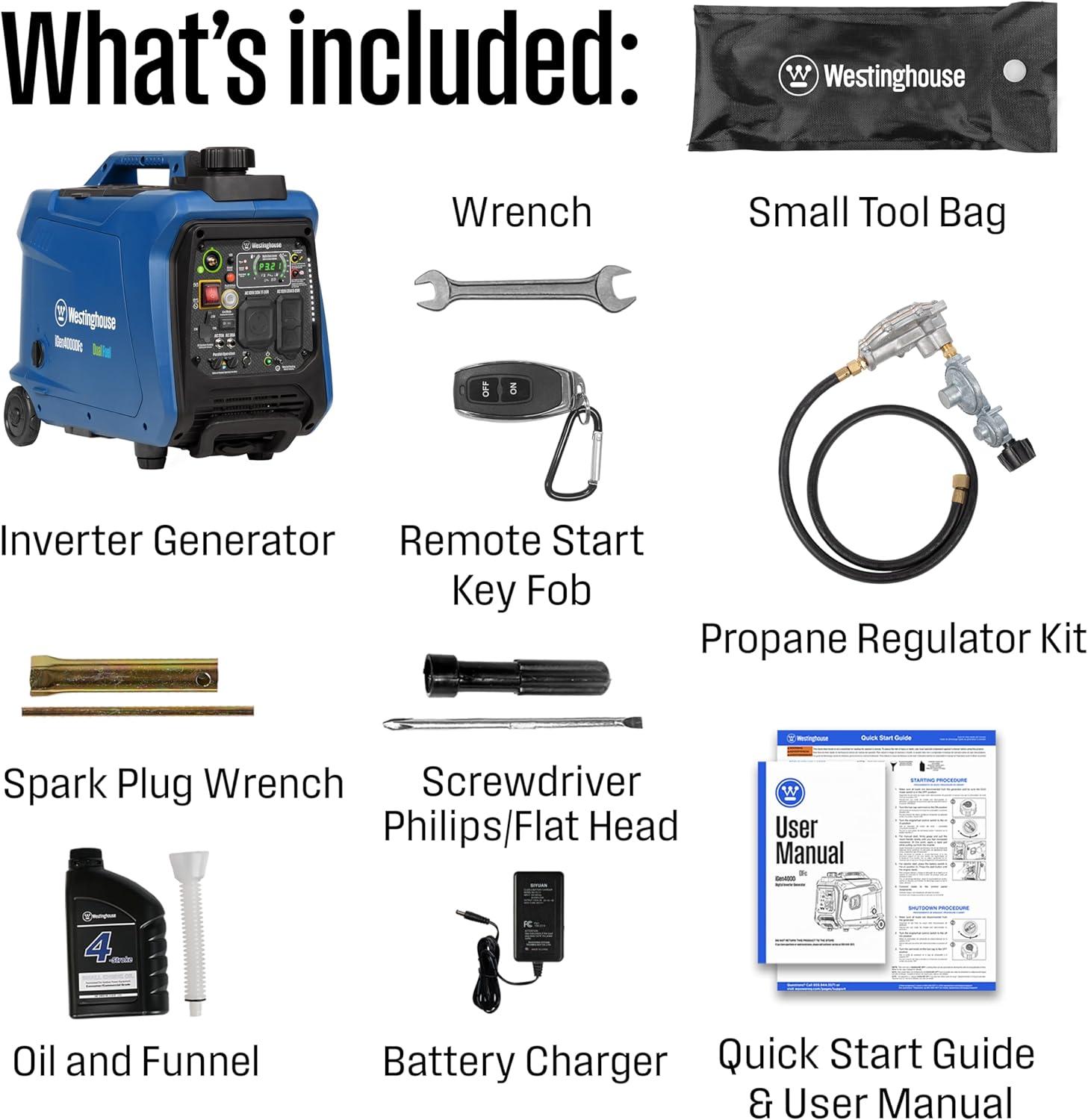 image:imageWestinghouse 4000 Peak Watt Super Quiet Dual Fuel Portable Inverter Generator Remote Electric Start Gas amp Propane Powered RV Ready CO Sensor Parallel Capable4000 Watts Dual Fuel Remote Start