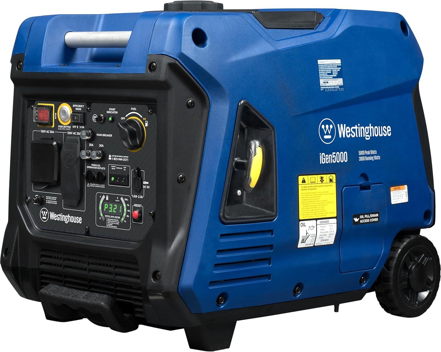 image:imageWestinghouse 5000 Peak Watt Super Quiet Portable Inverter Generator Remote Electric Start with Auto Choke Wheel amp Handle Kit RV Ready Gas Powered Parallel Capable5000 Watts Gas Only Remote Start