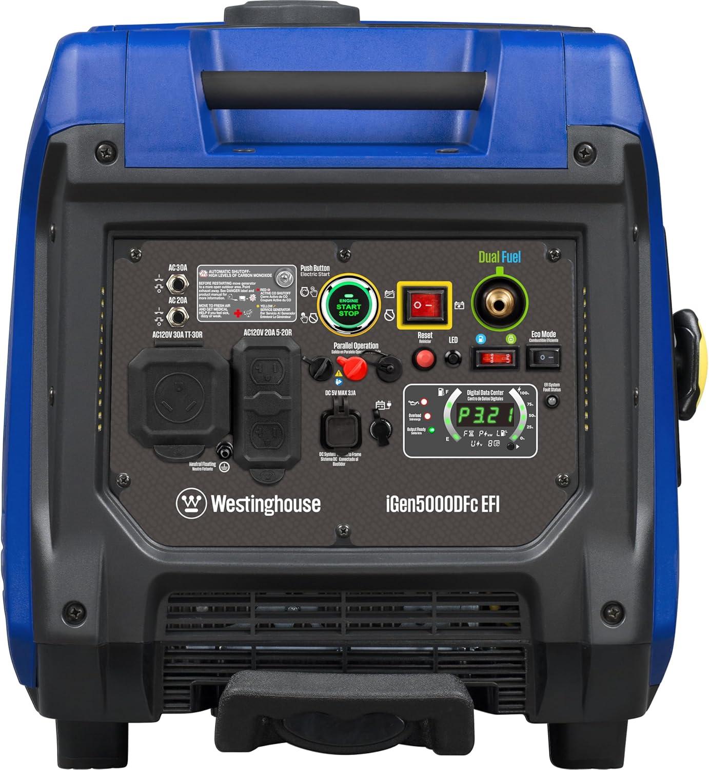 image:imageWestinghouse 5000 Peak Watt Super Quiet Portable Inverter Generator Remote Electric Start with Auto Choke Wheel amp Handle Kit RV Ready Gas Powered Parallel Capable5000 Watts Dual Fuel EFI Remote Start CO Sensor
