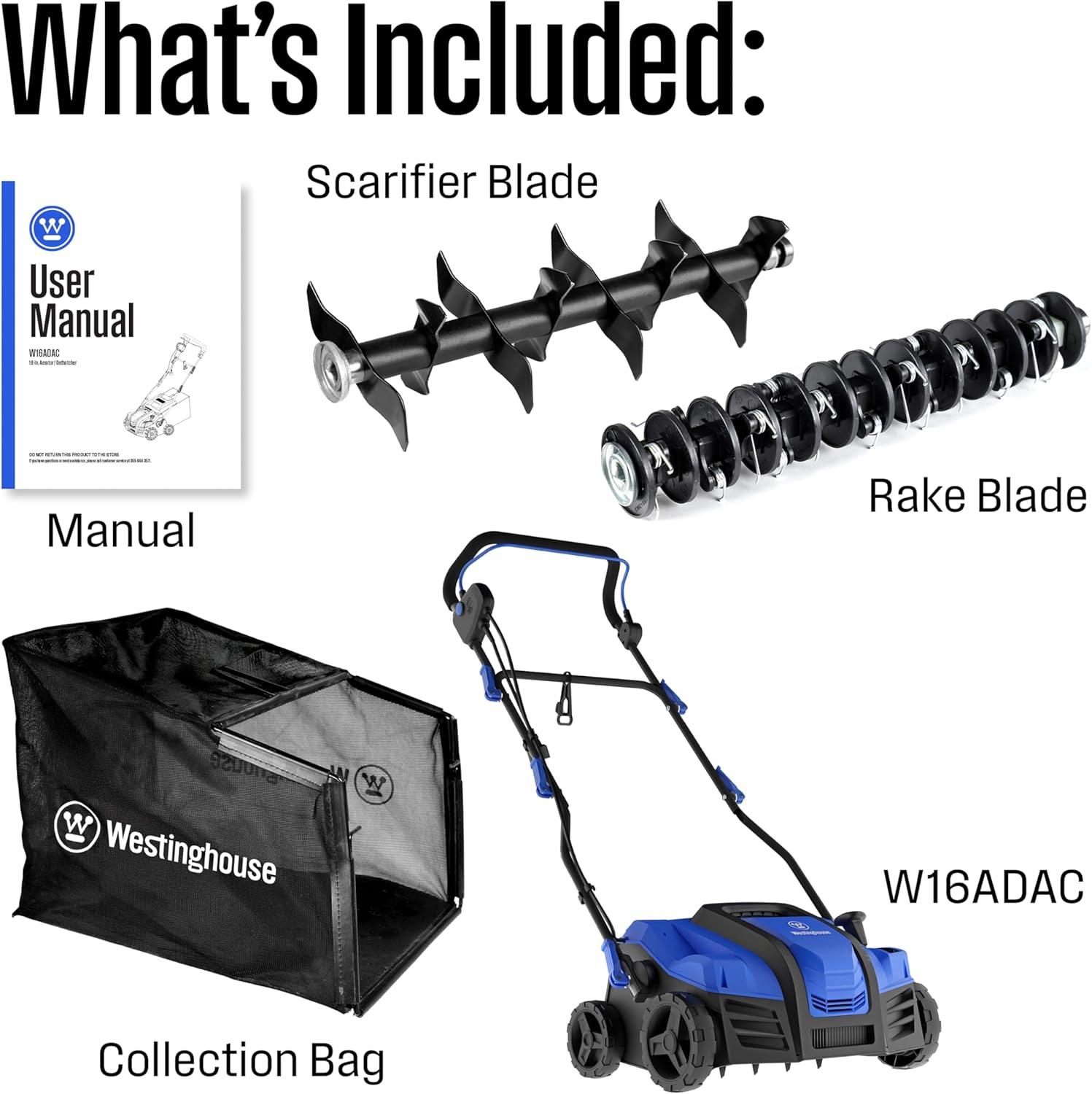 image:imageWestinghouse 16Inch 15 Amp 2in1 Corded Lawn Electric Dethatcher and Scarifier with 145 Gallon Thatch Collection Bag 5Position Depth Adjustment Foldable Handle for Lawn Yard and Grass16 Inch AeratorDethatcher