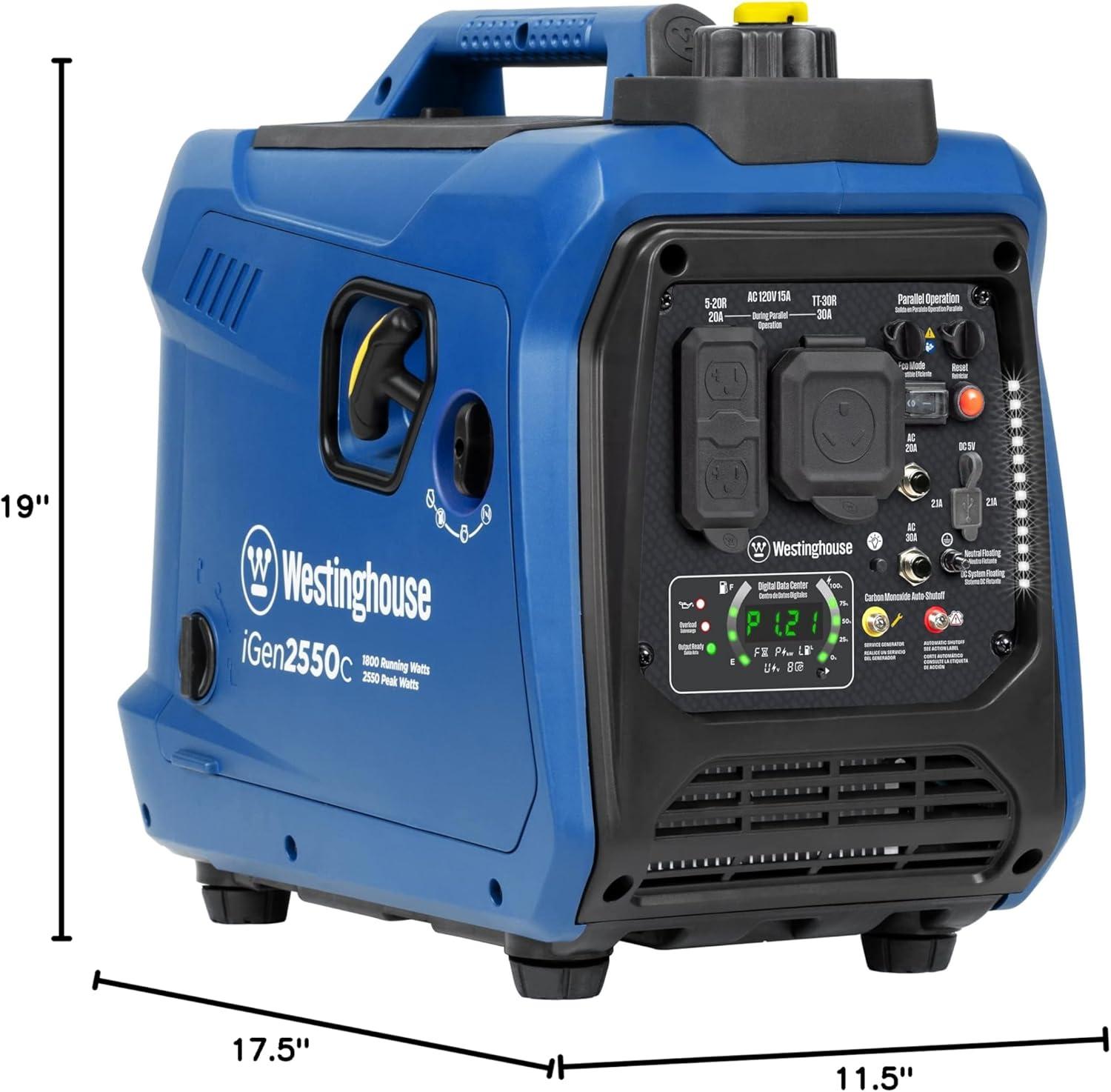image:imageWestinghouse 2550 Peak Watt Super Quiet amp Lightweight Portable Inverter Generator RV Ready 30A Outlet Gas Powered CO Sensor Parallel Capable Long Run TimeBlue2550 Watts Gas Only CO Sensor