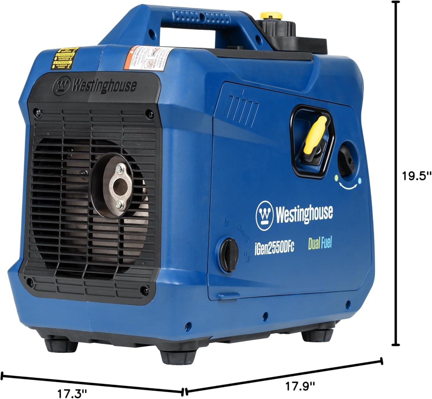 image:imageWestinghouse 2550 Peak Watt Super Quiet amp Lightweight Portable Inverter Generator RV Ready 30A Outlet Gas Powered CO Sensor Parallel Capable Long Run TimeBlue2550 Watts Dual Fuel CO Sensor
