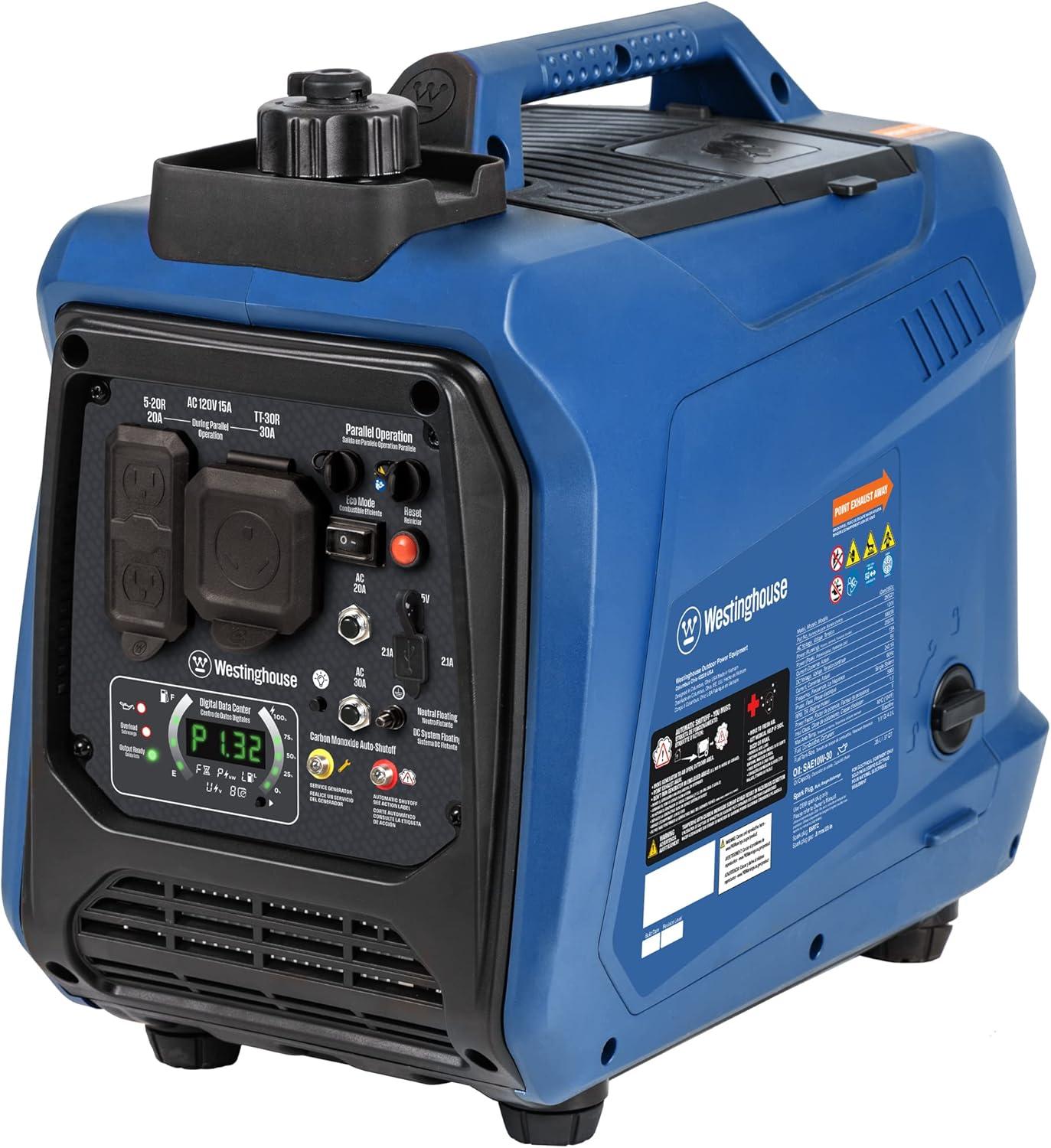 image:imageWestinghouse 2550 Peak Watt Super Quiet amp Lightweight Portable Inverter Generator RV Ready 30A Outlet Gas Powered CO Sensor Parallel Capable Long Run TimeBlue2550 Watts Gas Only CO Sensor