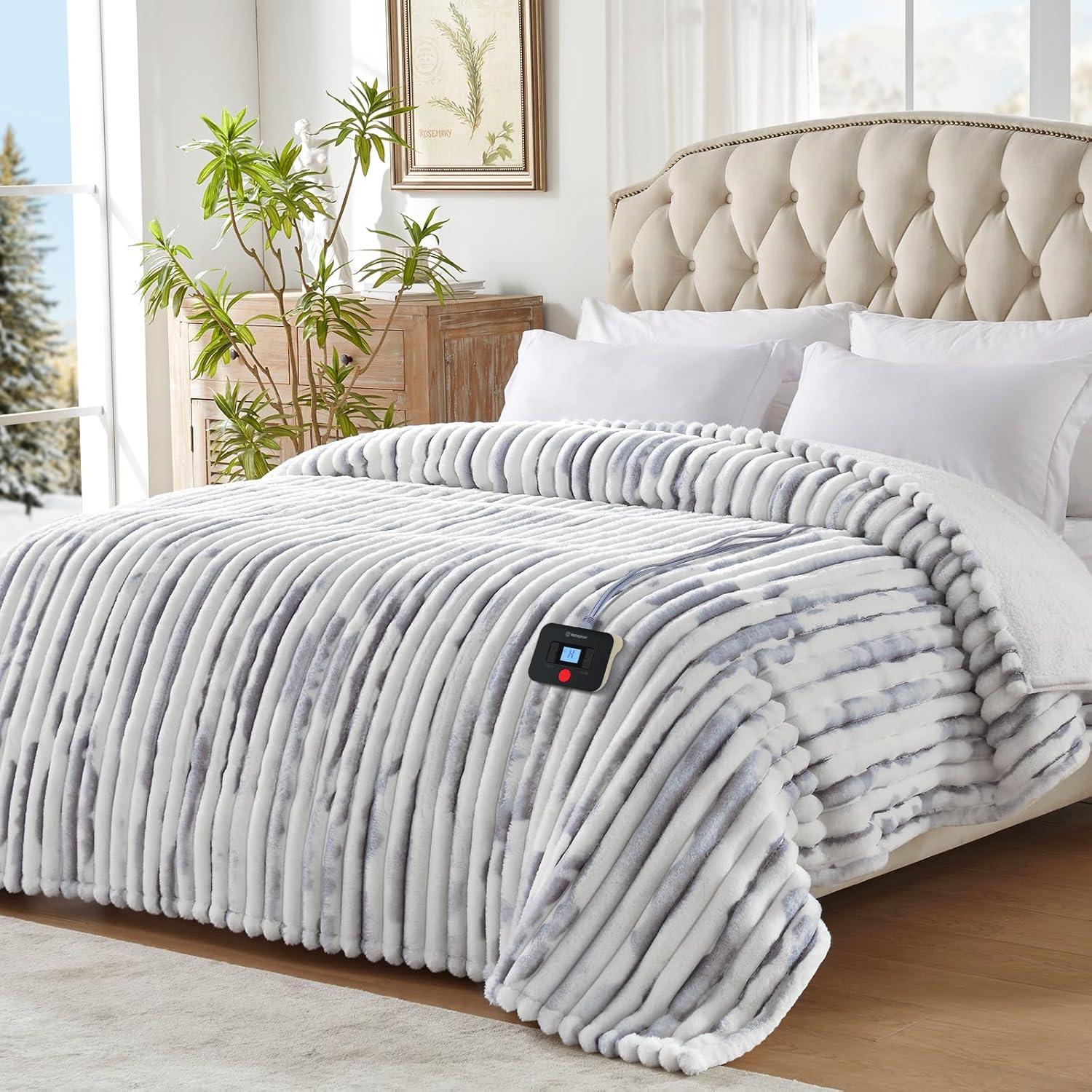 image:imageWestinghouse Electric Blanket Heated Throw Super Cozy Luxury Faux Fur amp Sherpa with 6 Heating Levels amp 210 Hours Auto Off Fast Heating amp Overheat Protection 50x60 Inch BurgundyBluegrey Stripe