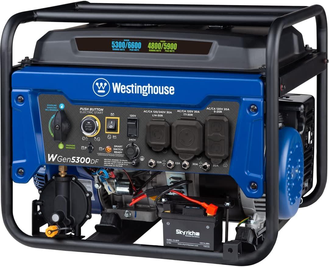 image:imageWestinghouse WGen5300DF Dual Fuel Home Backup Portable Generator 6600 Watts Remote Electric Start with Auto Choke Transfer Switch Ready RV Ready6600W Dual Fuel Remote Start