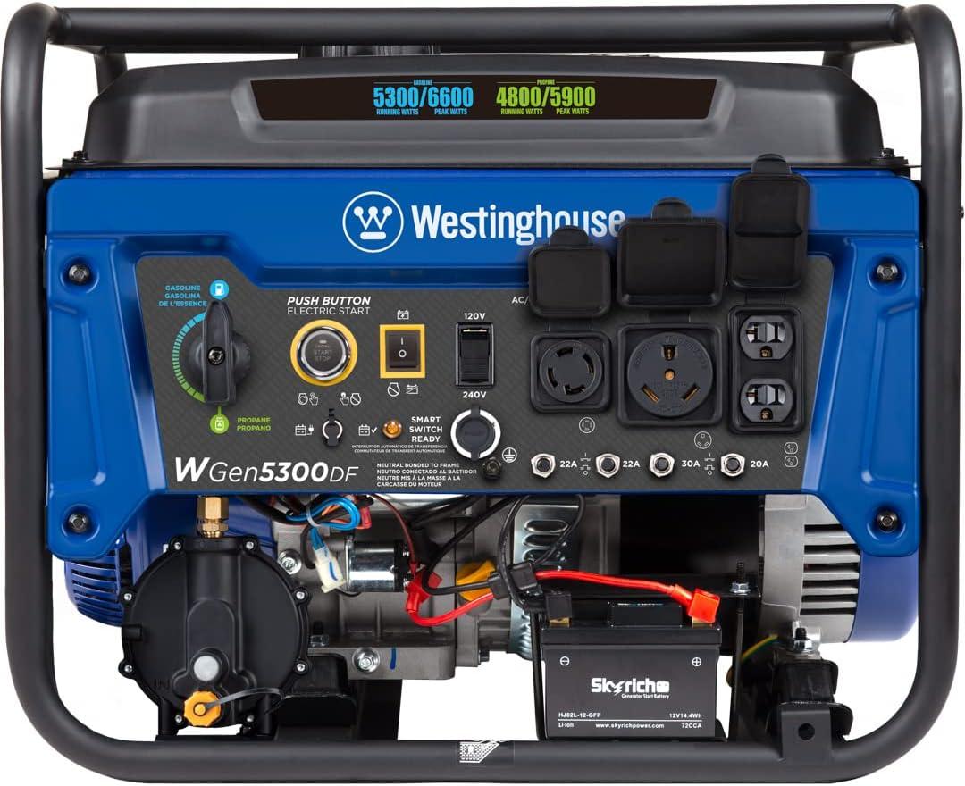 image:imageWestinghouse WGen5300DF Dual Fuel Home Backup Portable Generator 6600 Watts Remote Electric Start with Auto Choke Transfer Switch Ready RV Ready6600W Dual Fuel Remote Start
