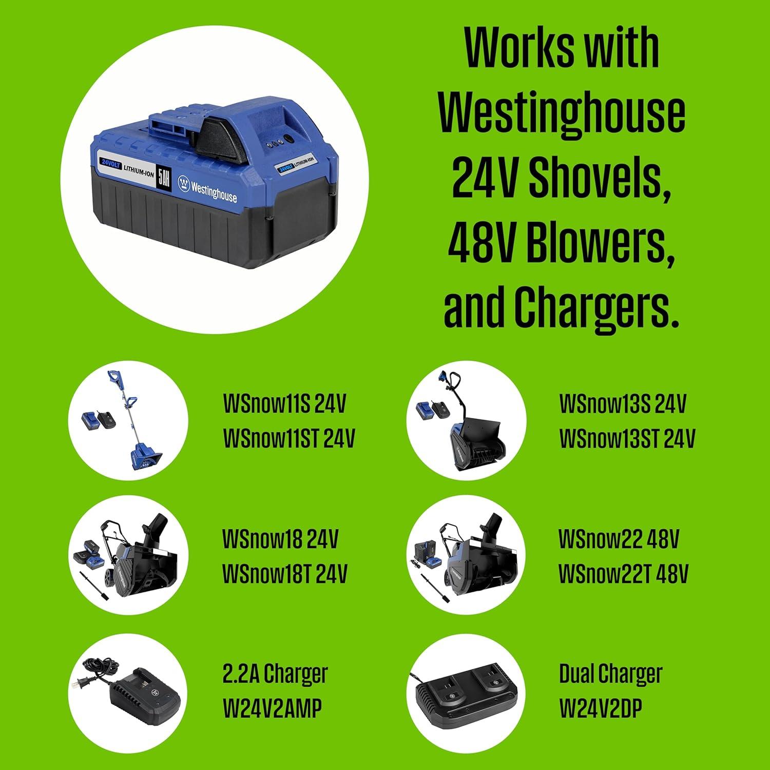 image:imageWestinghouse WSnow13S 24V Cordless Snow Shovel 13 Inch Kit 24V 4Ah Battery Fast Charger Electric Snow Shovel with 20ft Throwing Distance plows 300lbsmin Compatible with Snow Joe Batteries5Ah 24V Battery