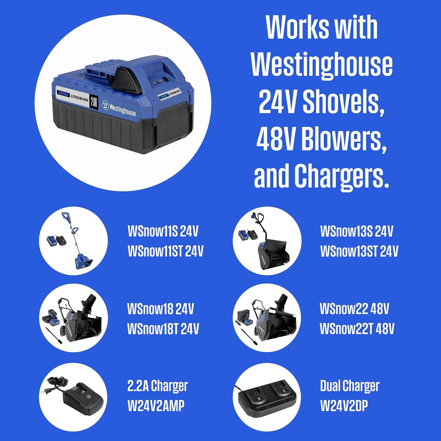 image:imageWestinghouse WSnow13S 24V Cordless Snow Shovel 13 Inch Kit 24V 4Ah Battery Fast Charger Electric Snow Shovel with 20ft Throwing Distance plows 300lbsmin Compatible with Snow Joe Batteries2Ah 24V Battery