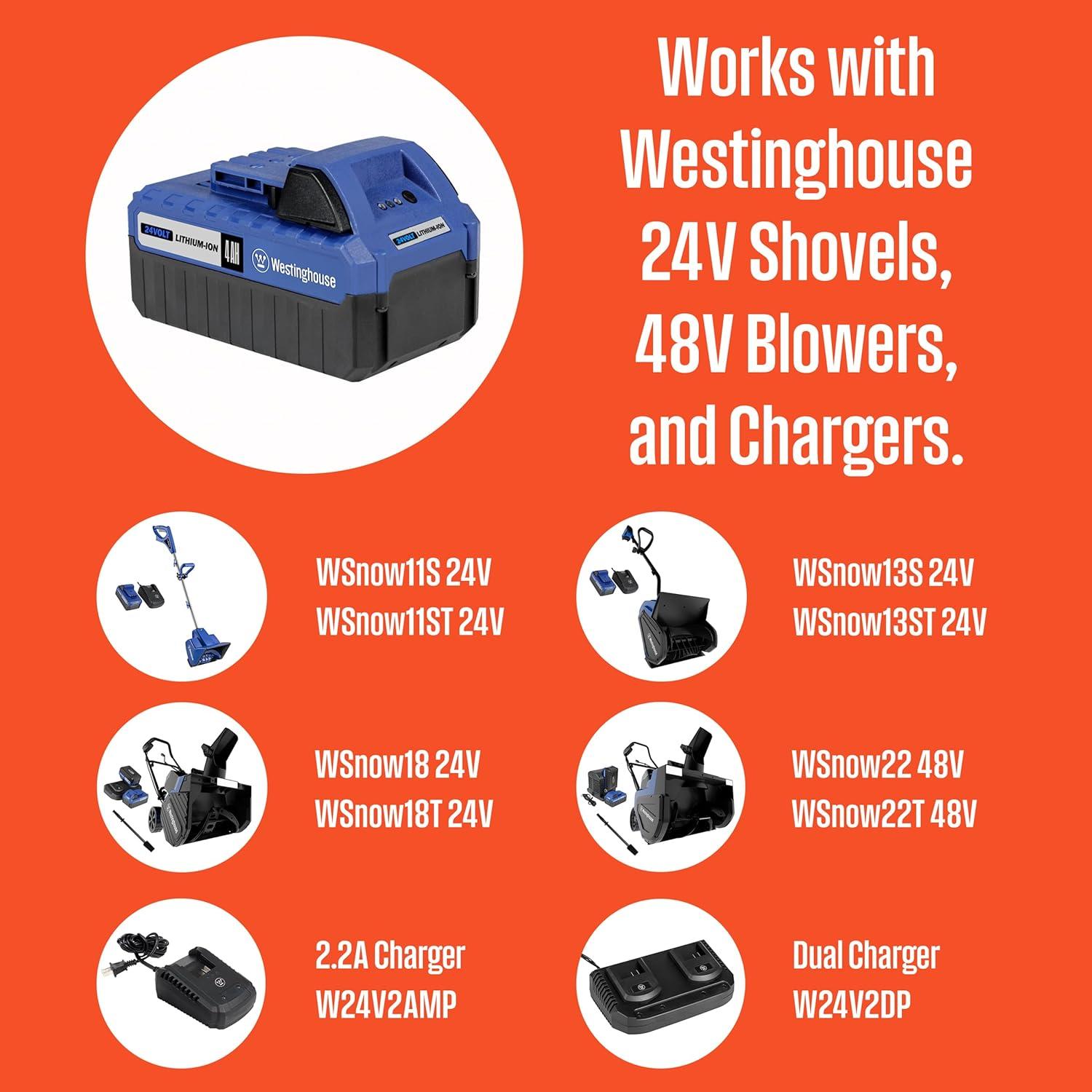 image:imageWestinghouse WSnow13S 24V Cordless Snow Shovel 13 Inch Kit 24V 4Ah Battery Fast Charger Electric Snow Shovel with 20ft Throwing Distance plows 300lbsmin Compatible with Snow Joe Batteries4Ah 24V Battery