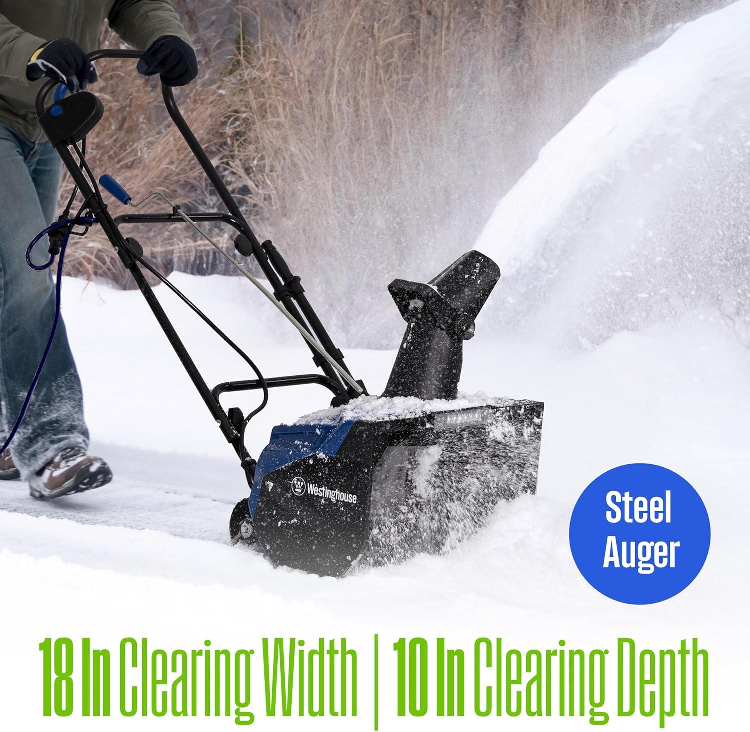 image:imageWestinghouse WSnow18 Corded Snow Blower 18 Inch Dual LED Lights Electric Snow Blower with 25ft Throwing Distance Plows 650lbsmin Adjustable Chute18 Inch Steel Auger