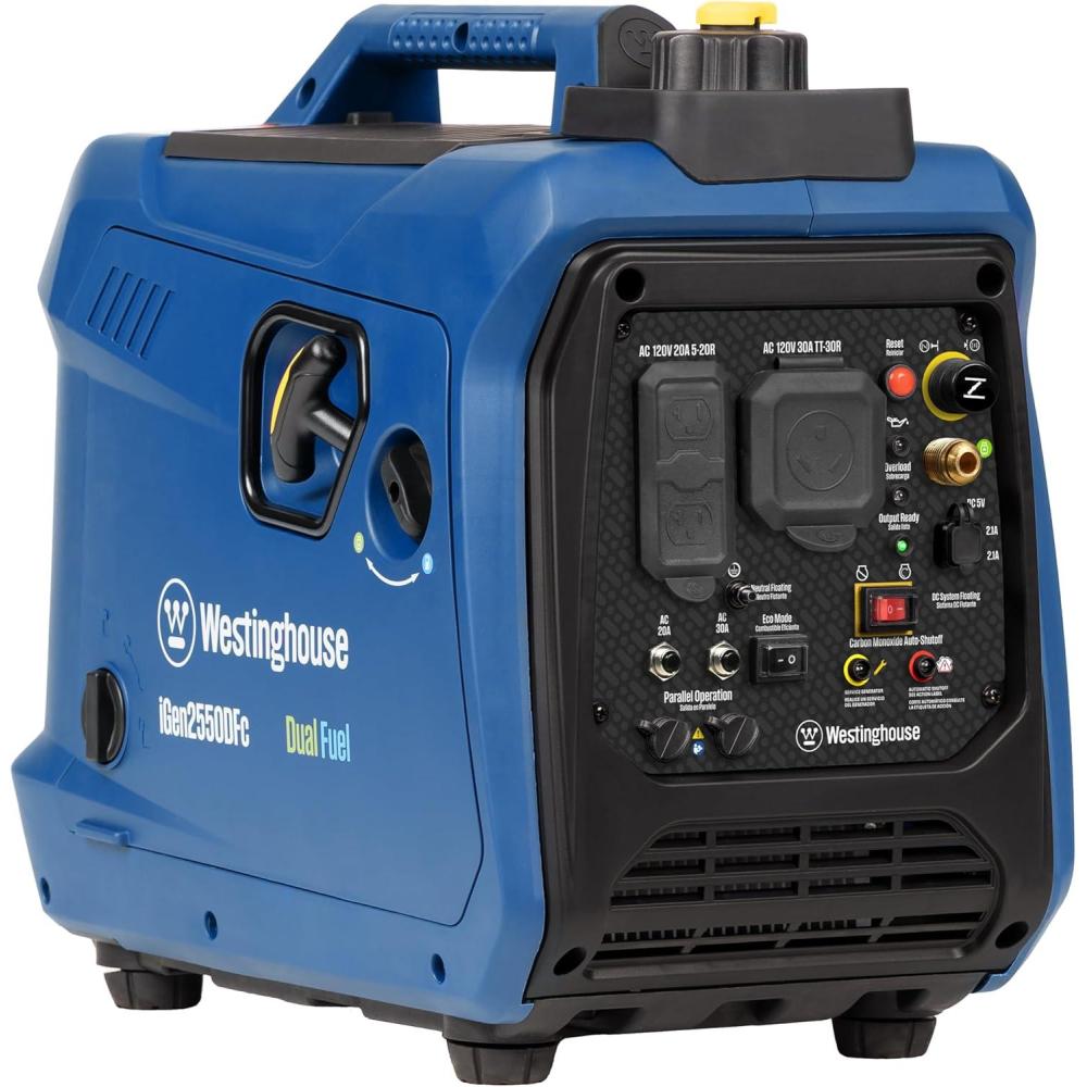 image:imageWestinghouse 2550 Peak Watt Super Quiet amp Lightweight Portable Inverter Generator RV Ready 30A Outlet Gas Powered CO Sensor Parallel Capable Long Run TimeBlue2550 Watts Dual Fuel CO Sensor