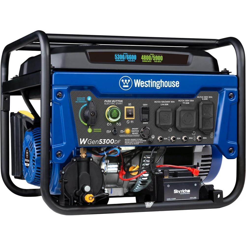 image:imageWestinghouse WGen5300DF Dual Fuel Home Backup Portable Generator 6600 Watts Remote Electric Start with Auto Choke Transfer Switch Ready RV Ready6600W Dual Fuel Remote Start