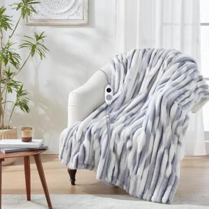 Westinghouse Electric Blanket Heated Throw, Super Cozy Luxury Faux Fur & Sherpa with 6 Heating Levels & 2-10 Hours Auto Off, Fast Heating & Overheat Protection, 50×60 Inch, Burgundy(Bluegrey Stripe)