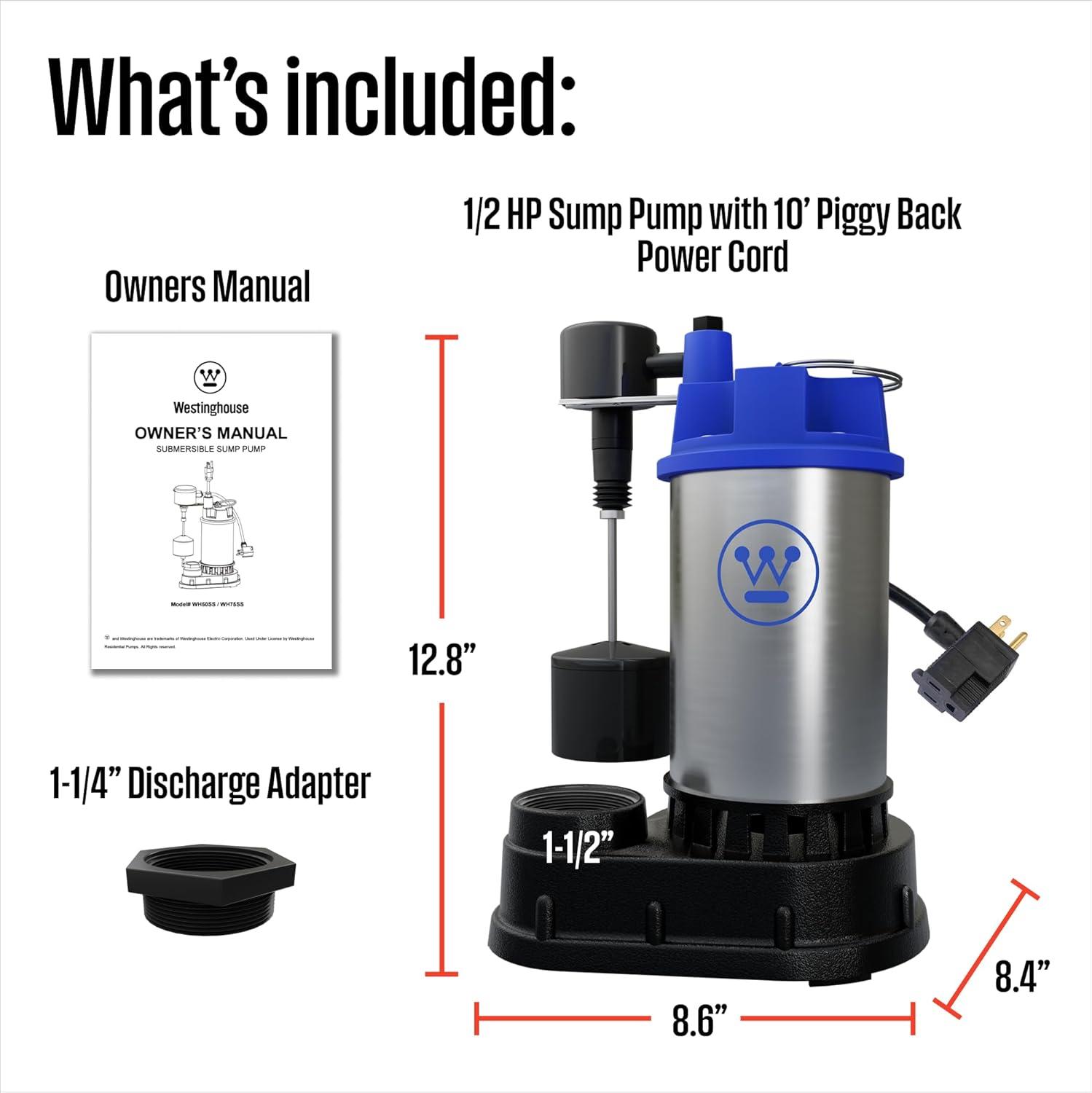 image:imageWestinghouse 34 HP Submersible Cast Iron and Stainless Steel Sump Pump with Integrated Vertical Float Switch Pump Up To 6000 Gallons Per Hour 3 Year Warranty12 HP
