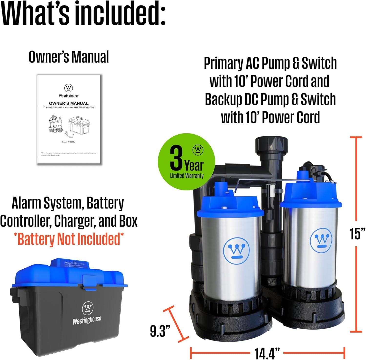 image:imageWestinghouse Sump Pump Battery Back Up Combo System 12 HP with 12 Volt Battery Backup Capability Integrated Vertical Float Switch Up to 5200 Gallons Per Hour Heavy Duty Basement Sump Pump