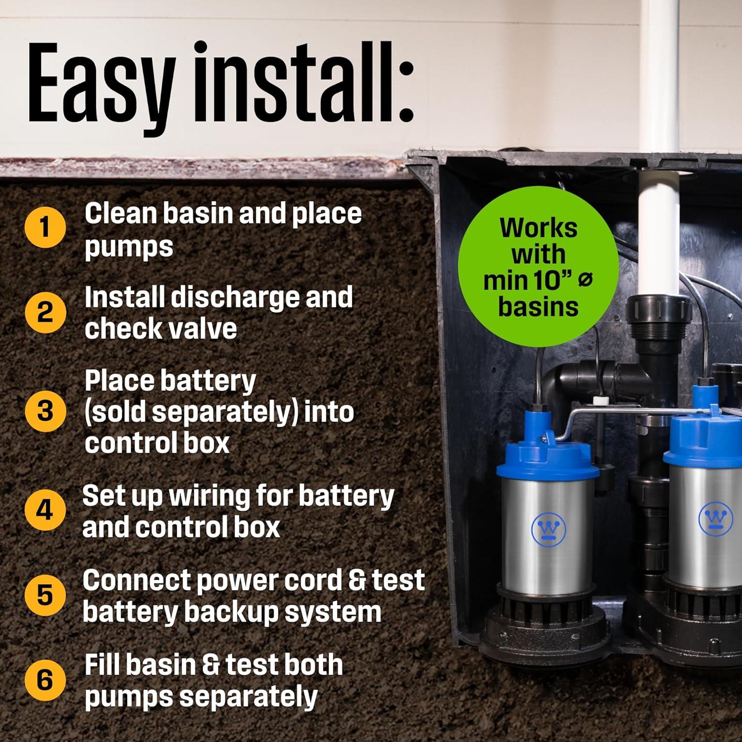 image:imageWestinghouse Sump Pump Battery Back Up Combo System 12 HP with 12 Volt Battery Backup Capability Integrated Vertical Float Switch Up to 5200 Gallons Per Hour Heavy Duty Basement Sump Pump