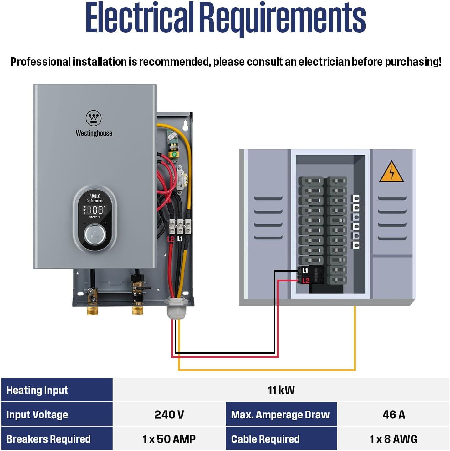 image:imageWestinghouse 11kW 240V Tankless Water Heater Electric Up to 26 GPM Instant Hot Water Heater 13 Point of Use Hot Water WiFi Enabled APOLO11kInstant11kWV