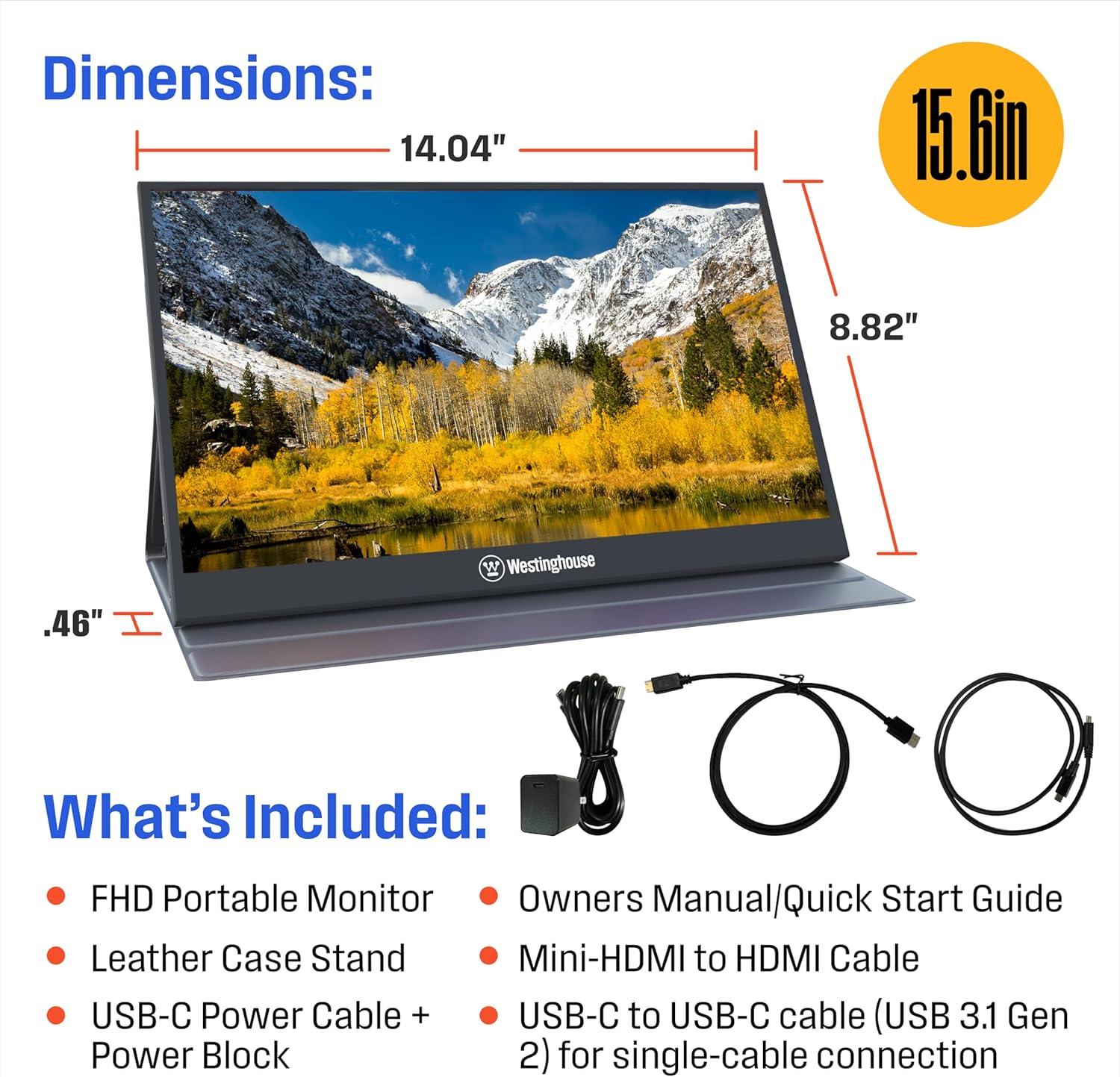 image:imageWestinghouse 156 Inch Portable Monitor for Laptop amp Travel 1080p 60Hz IPS Display Full HD Screen with Magnetic Protective Cover Built in Speakers 1x Mini HDMI 1x USB TypeC