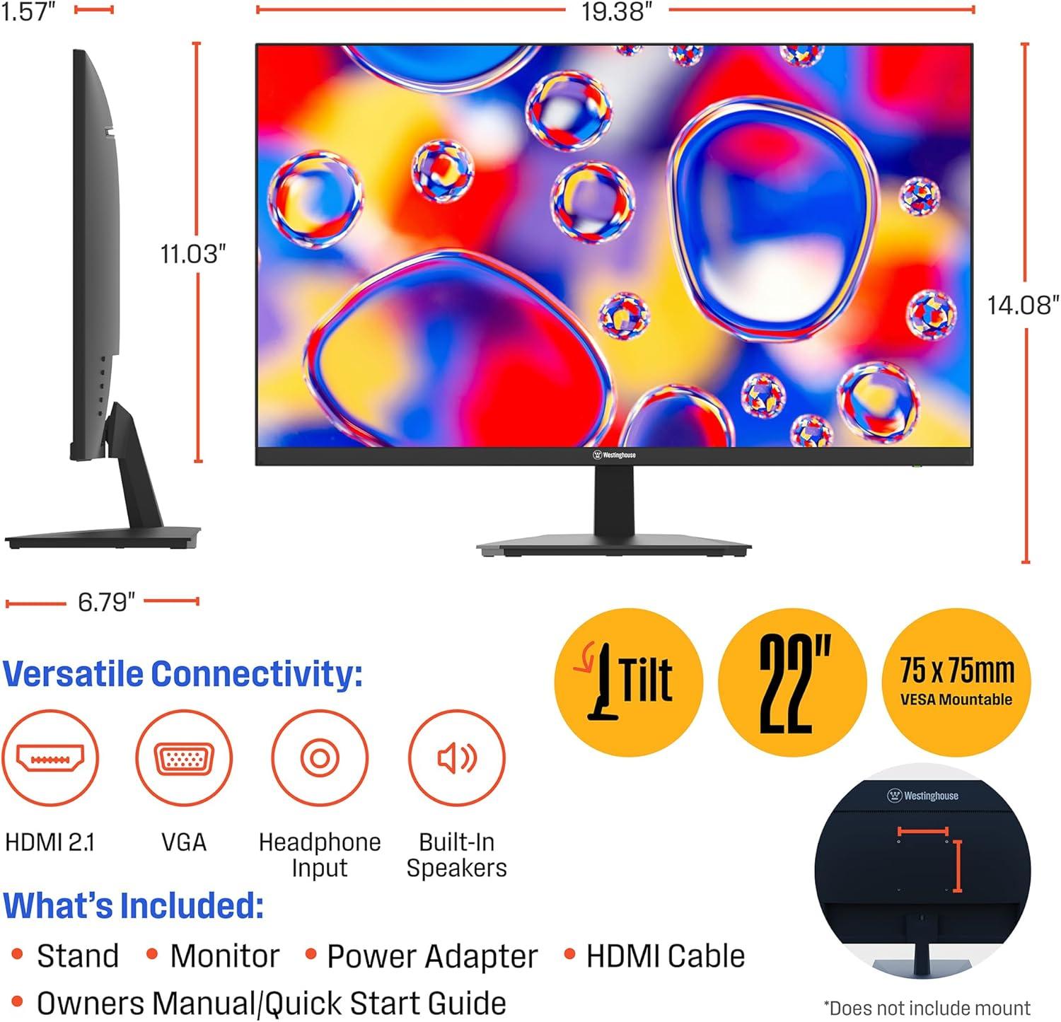 image:imageWestinghouse 22 Inch Computer Monitor 100Hz 1080p Full HD IPS Display Adaptive Sync Blue Light Protection Home Office PC Screens with Built in Speakers HDMI VGA for Work amp Productivity22 Inch