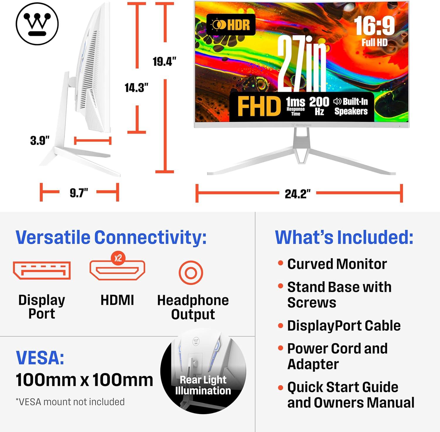 image:imageWestinghouse 27 Inch Curved Full HD Gaming Monitor 200Hz AMD FreeSync Support Low Motion Blur 1500R Curve 1920 x 1080 for PC Games with Built in Speakers DisplayPort 2X HDMI27 InchWhite