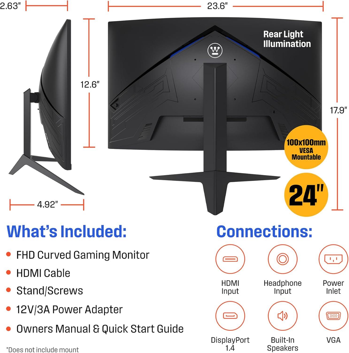 image:imageWestinghouse 27 Inch Curved Full HD Gaming Monitor 200Hz AMD FreeSync Support Low Motion Blur 1500R Curve 1920 x 1080 for PC Games with Built in Speakers DisplayPort 2X HDMI24 Inch