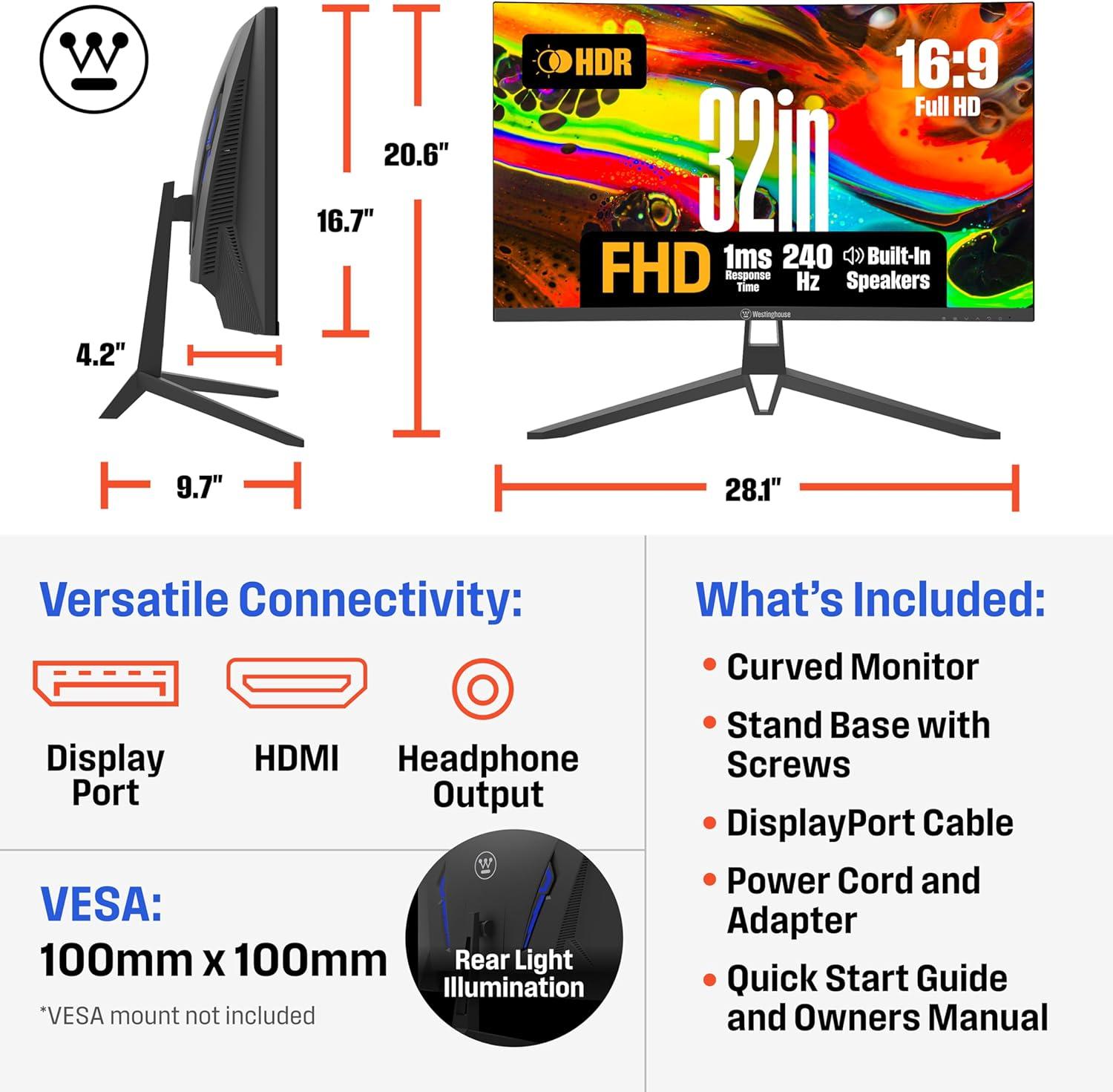 image:imageWestinghouse 27 Inch Curved Full HD Gaming Monitor 200Hz AMD FreeSync Support Low Motion Blur 1500R Curve 1920 x 1080 for PC Games with Built in Speakers DisplayPort 2X HDMI32 Inch