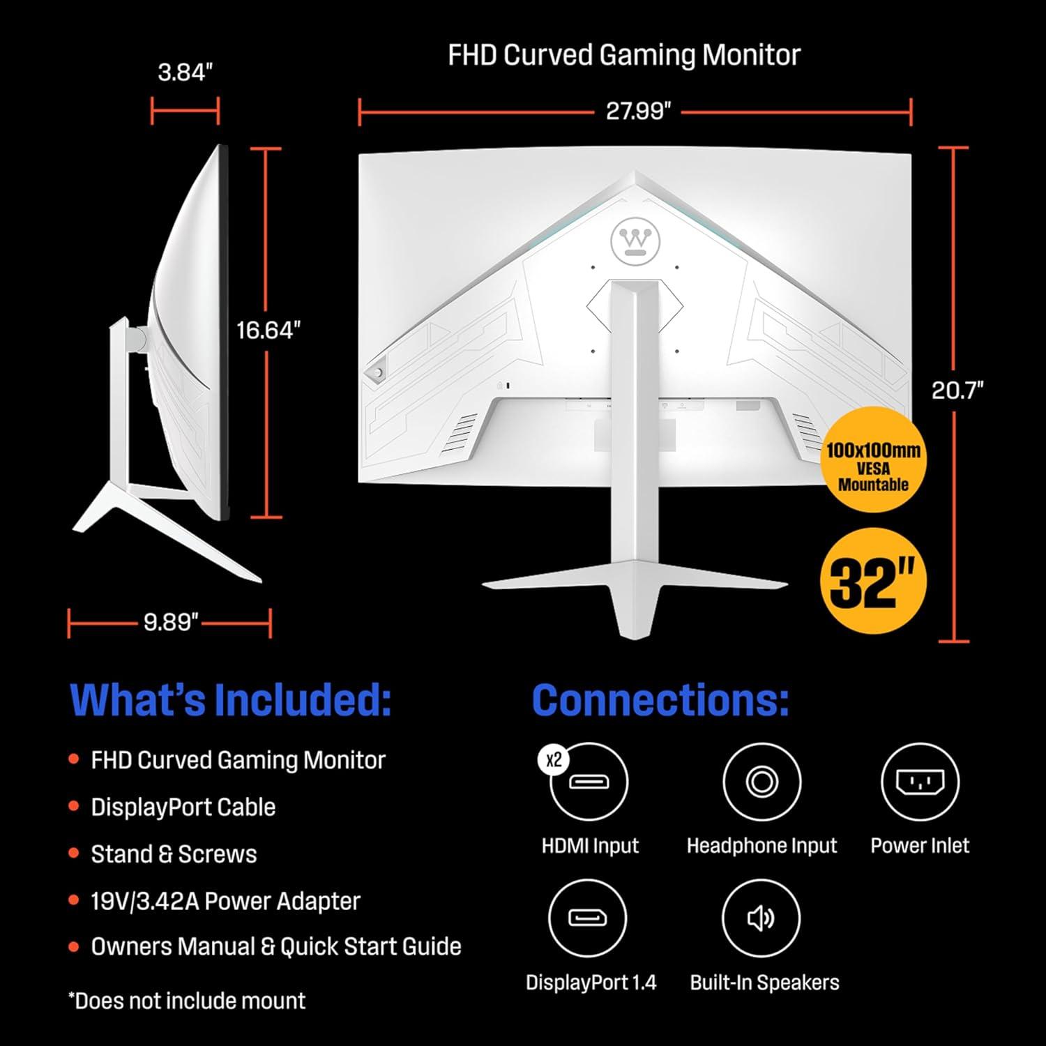 image:imageWestinghouse 27 Inch Curved Full HD Gaming Monitor 200Hz AMD FreeSync Support Low Motion Blur 1500R Curve 1920 x 1080 for PC Games with Built in Speakers DisplayPort 2X HDMI32 InchWhite