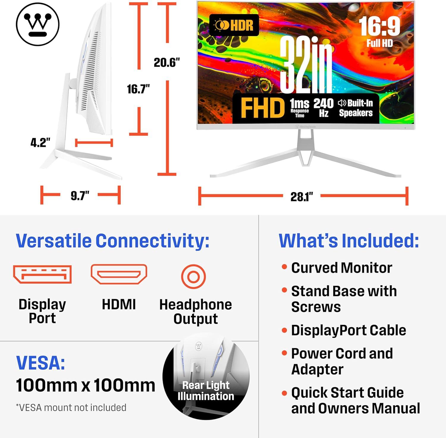 image:imageWestinghouse 27 Inch Curved Full HD Gaming Monitor 200Hz AMD FreeSync Support Low Motion Blur 1500R Curve 1920 x 1080 for PC Games with Built in Speakers DisplayPort 2X HDMI32 InchWhite