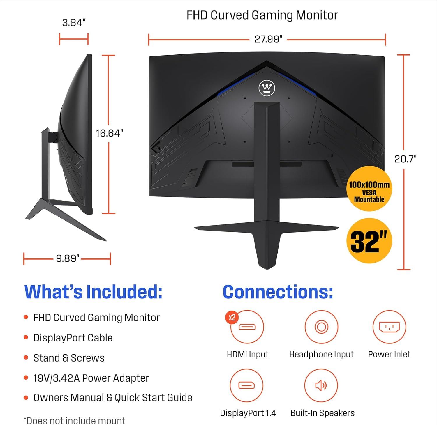 image:imageWestinghouse 27 Inch Curved Full HD Gaming Monitor 200Hz AMD FreeSync Support Low Motion Blur 1500R Curve 1920 x 1080 for PC Games with Built in Speakers DisplayPort 2X HDMI32 Inch