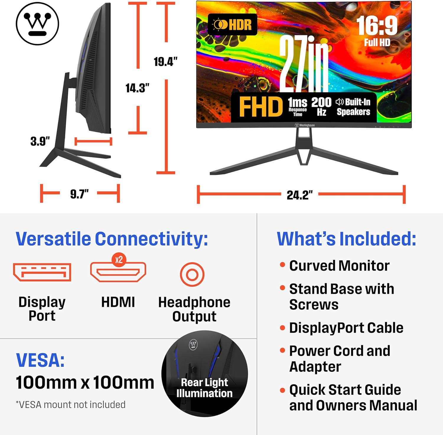 image:imageWestinghouse 27 Inch Curved Full HD Gaming Monitor 200Hz AMD FreeSync Support Low Motion Blur 1500R Curve 1920 x 1080 for PC Games with Built in Speakers DisplayPort 2X HDMI27 Inch