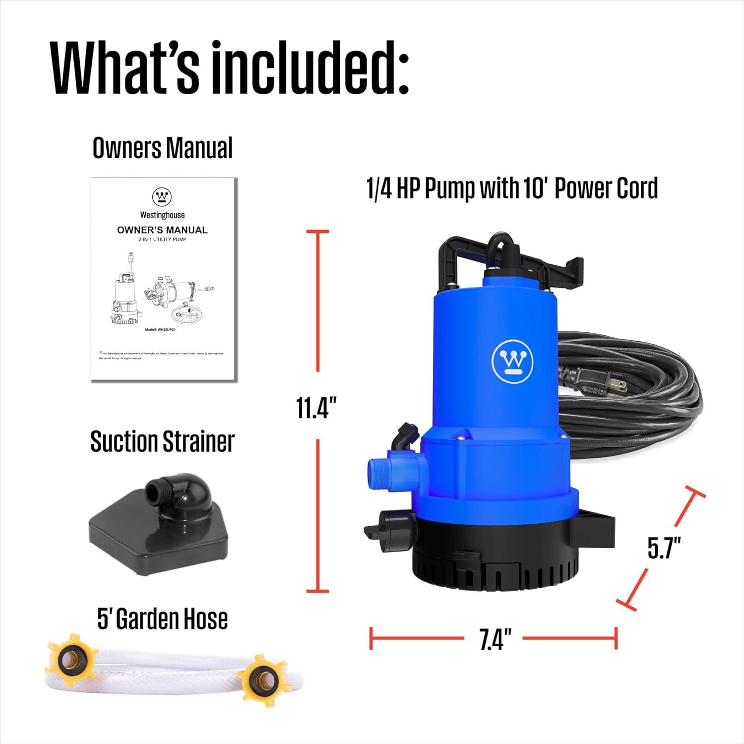 image:imageWestinghouse 2In1 Utility Pump 14 HP Submersible Water Transfer Sump PumpPool Draining Flooded Basement 10 Ft power cord Includes 5ft Gardon Hose amp Suction Strainer