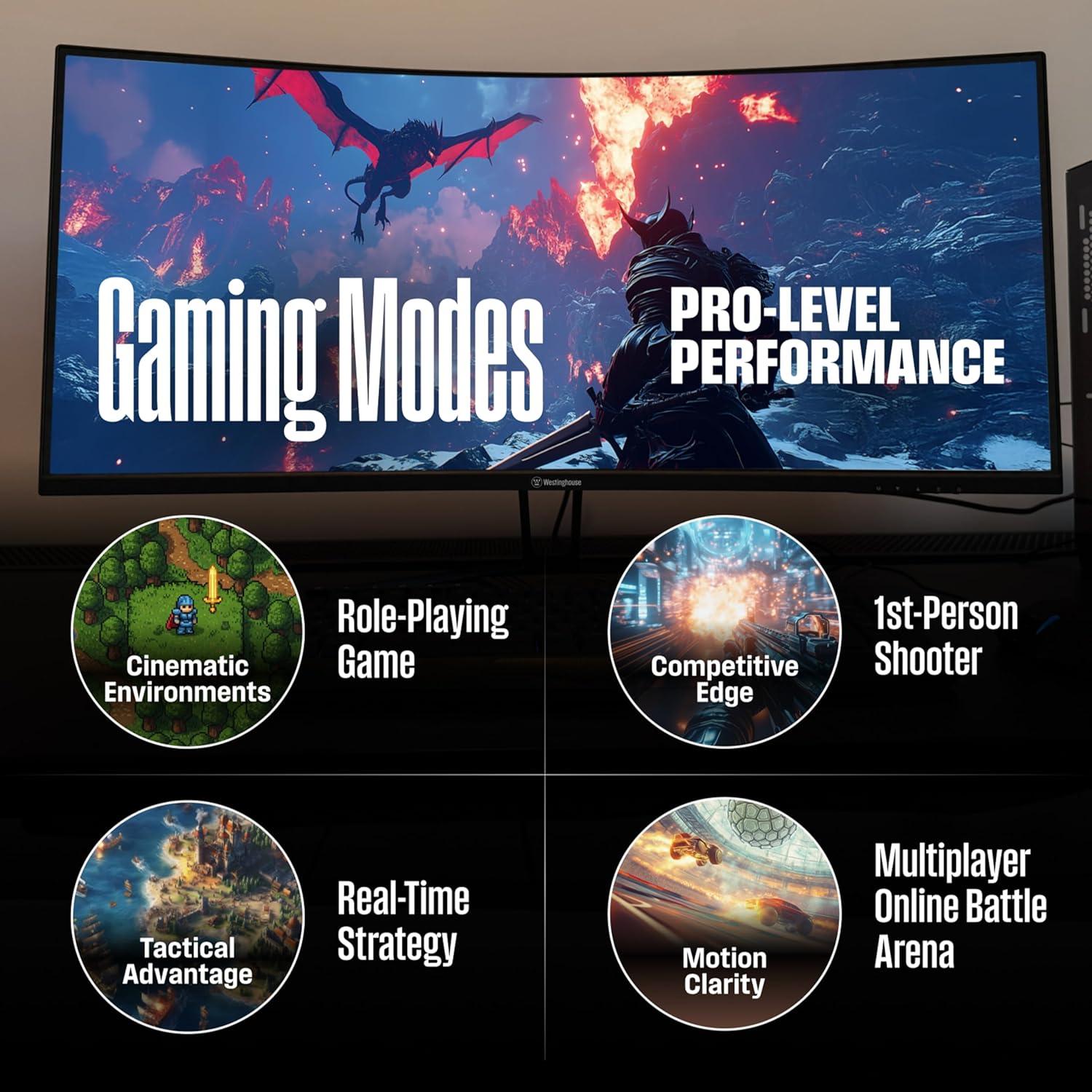 image:imageWestinghouse 34 Inch Curved Ultrawide Gaming Monitor 180Hz 1 ms AMD FreeSync Support Low Motion Blur 1500R Curve 3440 x 1440 for PC Games with Built in Speakers 2X DisplayPort 2X HDMI34 Inch 2026 Model