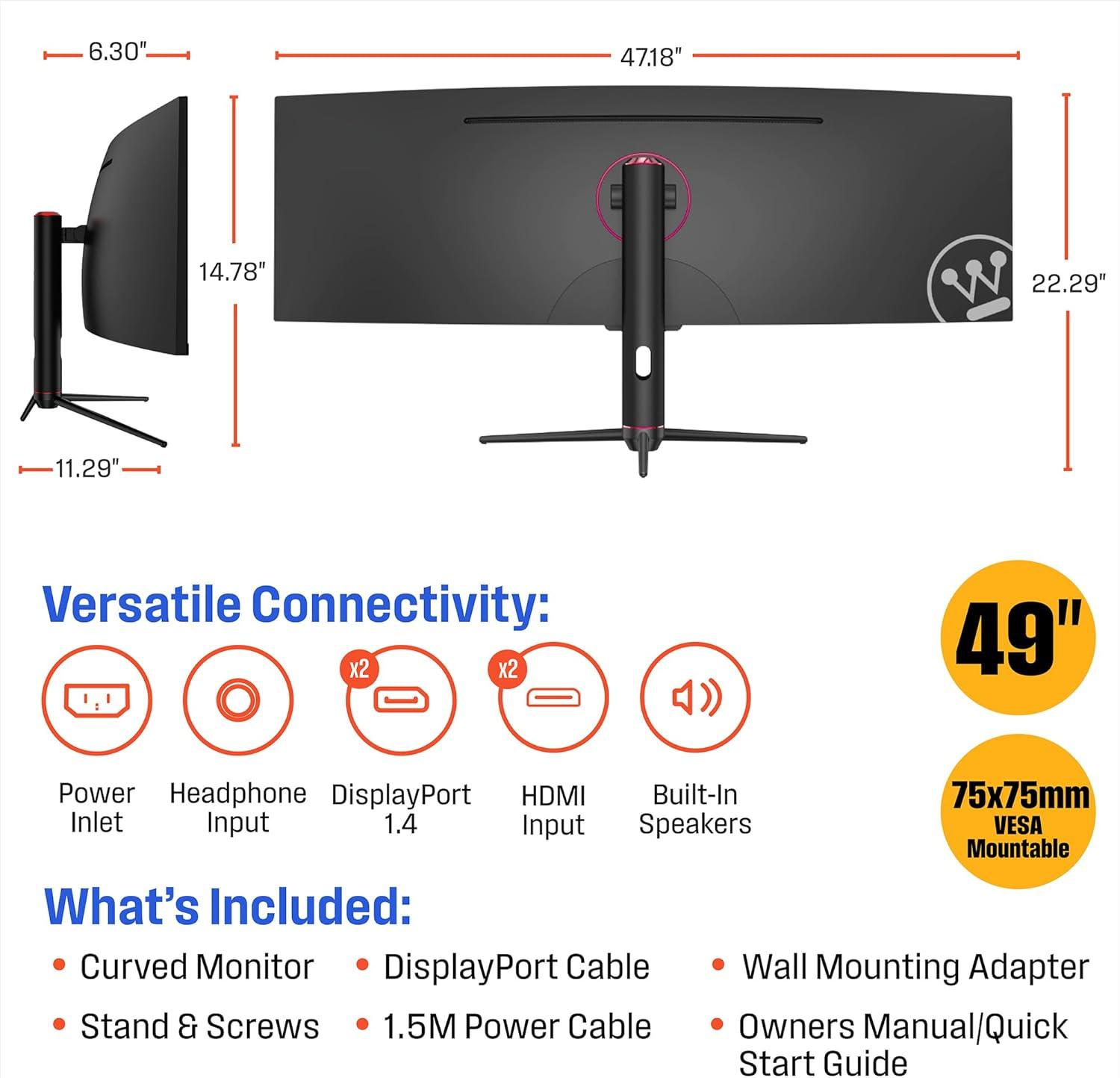 image:imageWestinghouse 34 Inch Curved Ultrawide Gaming Monitor 180Hz 1 ms AMD FreeSync Support Low Motion Blur 1500R Curve 3440 x 1440 for PC Games with Built in Speakers 2X DisplayPort 2X HDMI49 Inch 2024 Model