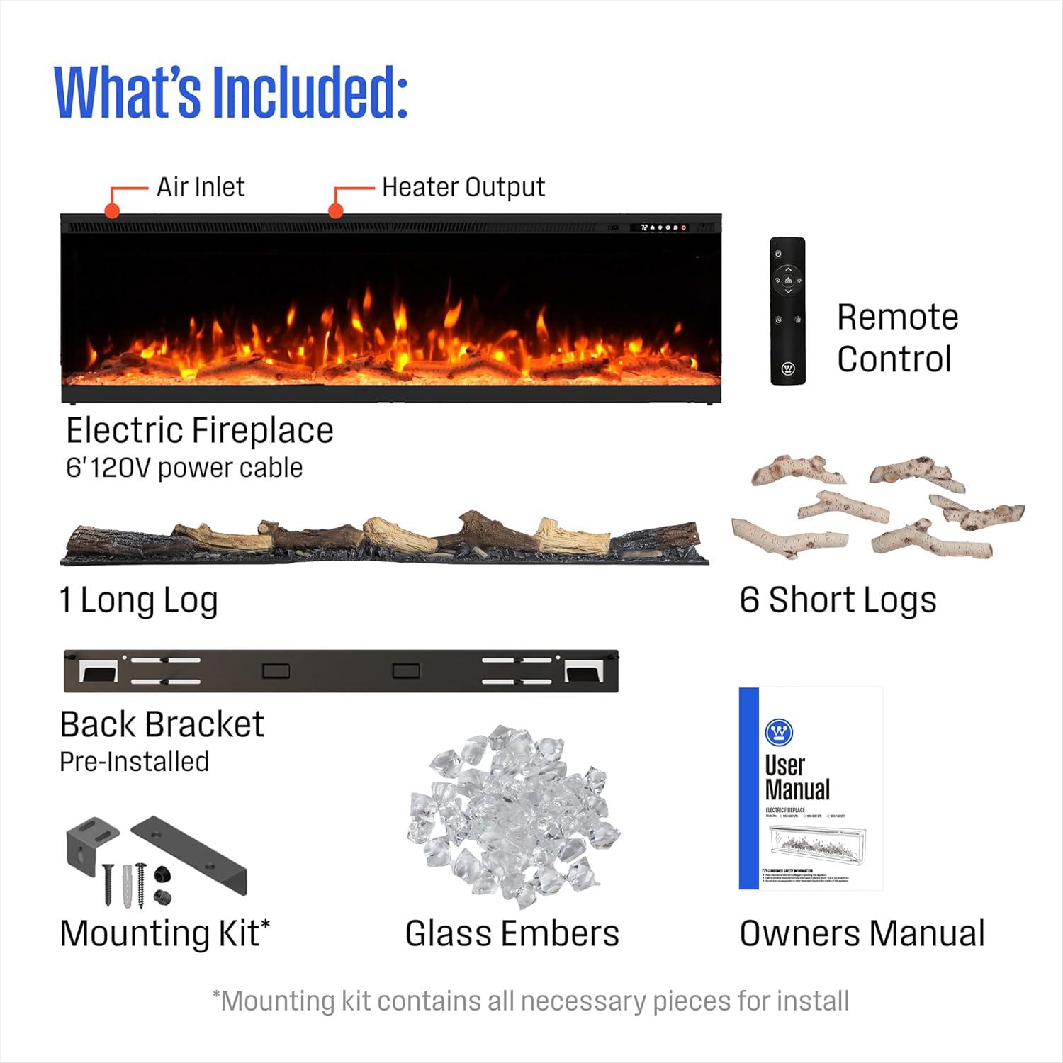 image:imageWestinghouse 50inch Electric Fireplace Realistic FlameampLog Set Compatible with Alexa amp Google Home Wall Mount or Recessed 24 Hour Timer Color Changing Flames 750W1500W Indoor Heater 50inch60inch