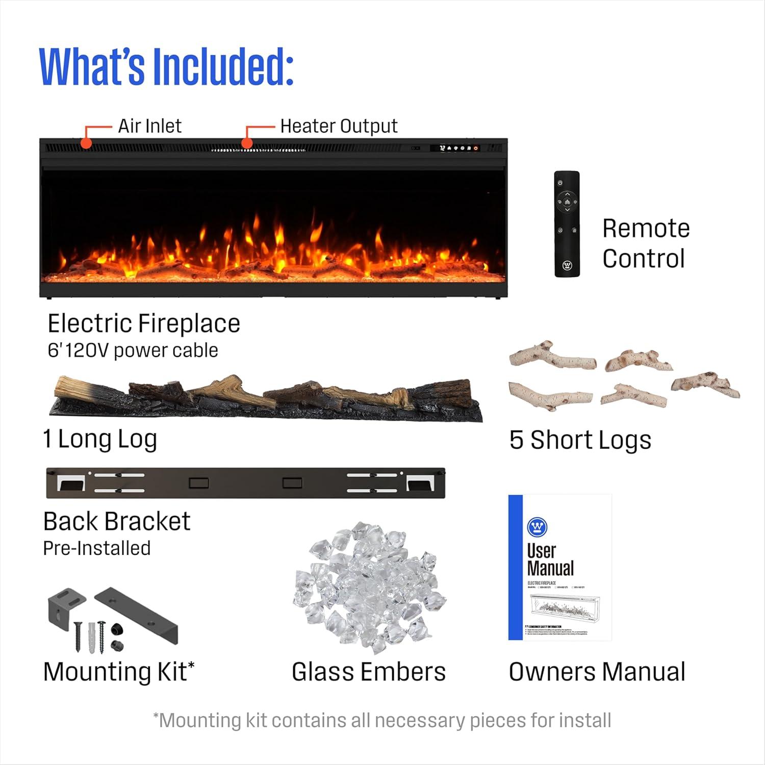 image:imageWestinghouse 50inch Electric Fireplace Realistic FlameampLog Set Compatible with Alexa amp Google Home Wall Mount or Recessed 24 Hour Timer Color Changing Flames 750W1500W Indoor Heater 50inch50inch
