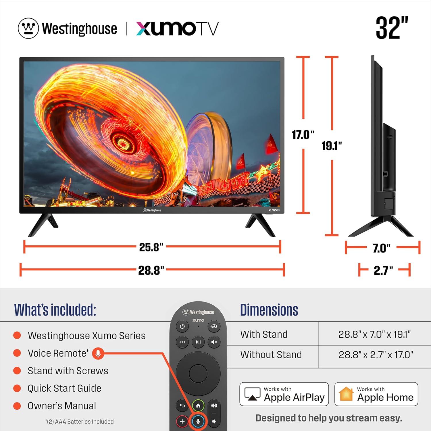 image:imageWestinghouse 55inch Smart TV 4K UHD Xumo TV w HDR10 Voice Remote Dolby Vision Dolby Atmos Edgeless Flat Screen LED Television wBluetooth Apple AirPlay WiFi amp Mobile Connectivity32 Inch HD