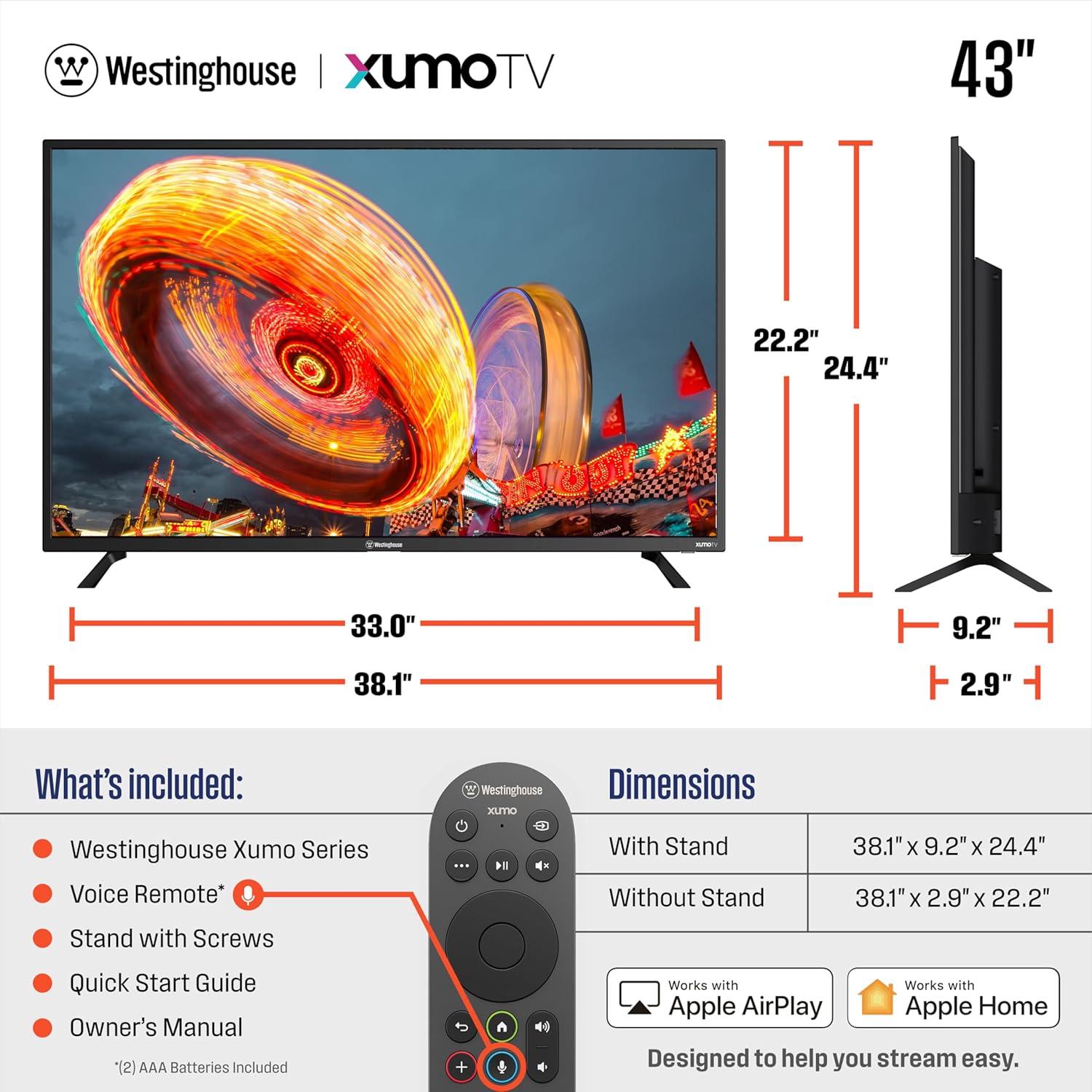 image:imageWestinghouse 55inch Smart TV 4K UHD Xumo TV w HDR10 Voice Remote Dolby Vision Dolby Atmos Edgeless Flat Screen LED Television wBluetooth Apple AirPlay WiFi amp Mobile Connectivity43 Inch FHD