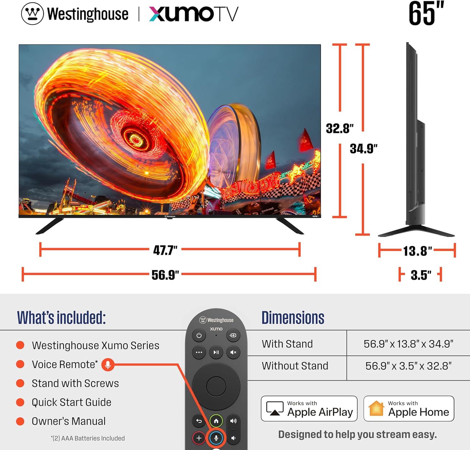 image:imageWestinghouse 55inch Smart TV 4K UHD Xumo TV w HDR10 Voice Remote Dolby Vision Dolby Atmos Edgeless Flat Screen LED Television wBluetooth Apple AirPlay WiFi amp Mobile Connectivity65 Inch UHD