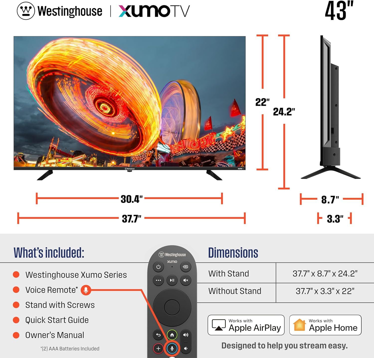 image:imageWestinghouse 55inch Smart TV 4K UHD Xumo TV w HDR10 Voice Remote Dolby Vision Dolby Atmos Edgeless Flat Screen LED Television wBluetooth Apple AirPlay WiFi amp Mobile Connectivity43 Inch UHD