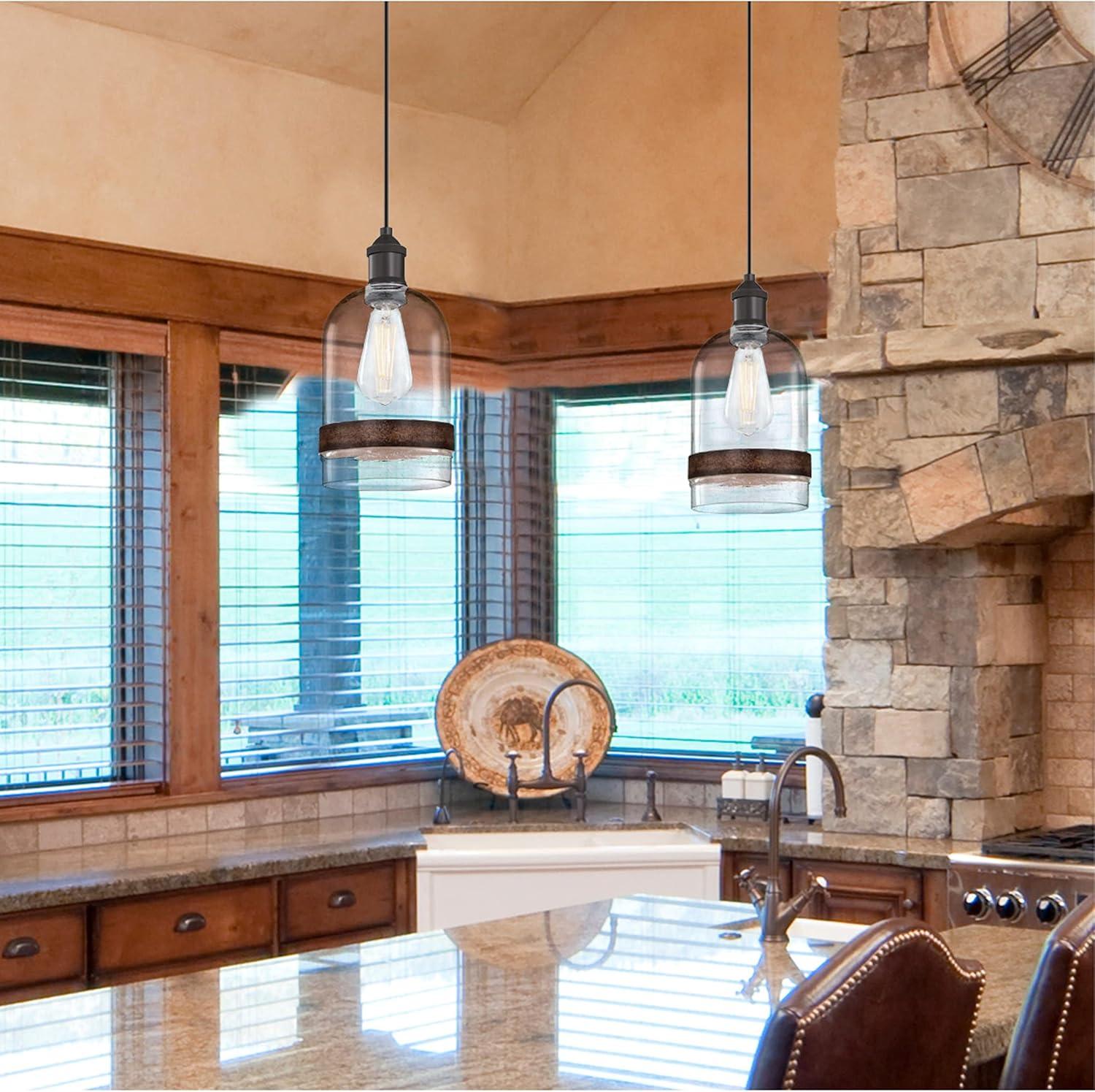 image:imageWestinghouse 6129800 Tarrant CraftsmanStyle One Light Indoor Mini Pendant BlackBronze Finish Clear Seeded Glass with Barnwood Band
