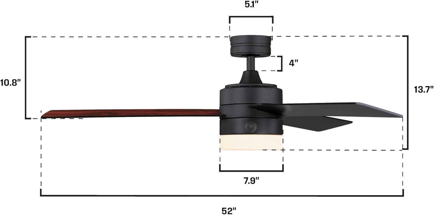 image:imageWestinghouse 7205900 Alta Vista Modern LED Ceiling Fan with Light and Remote Control 52 Inch Matte Black Finish Opal Frosted GlassMatte Black