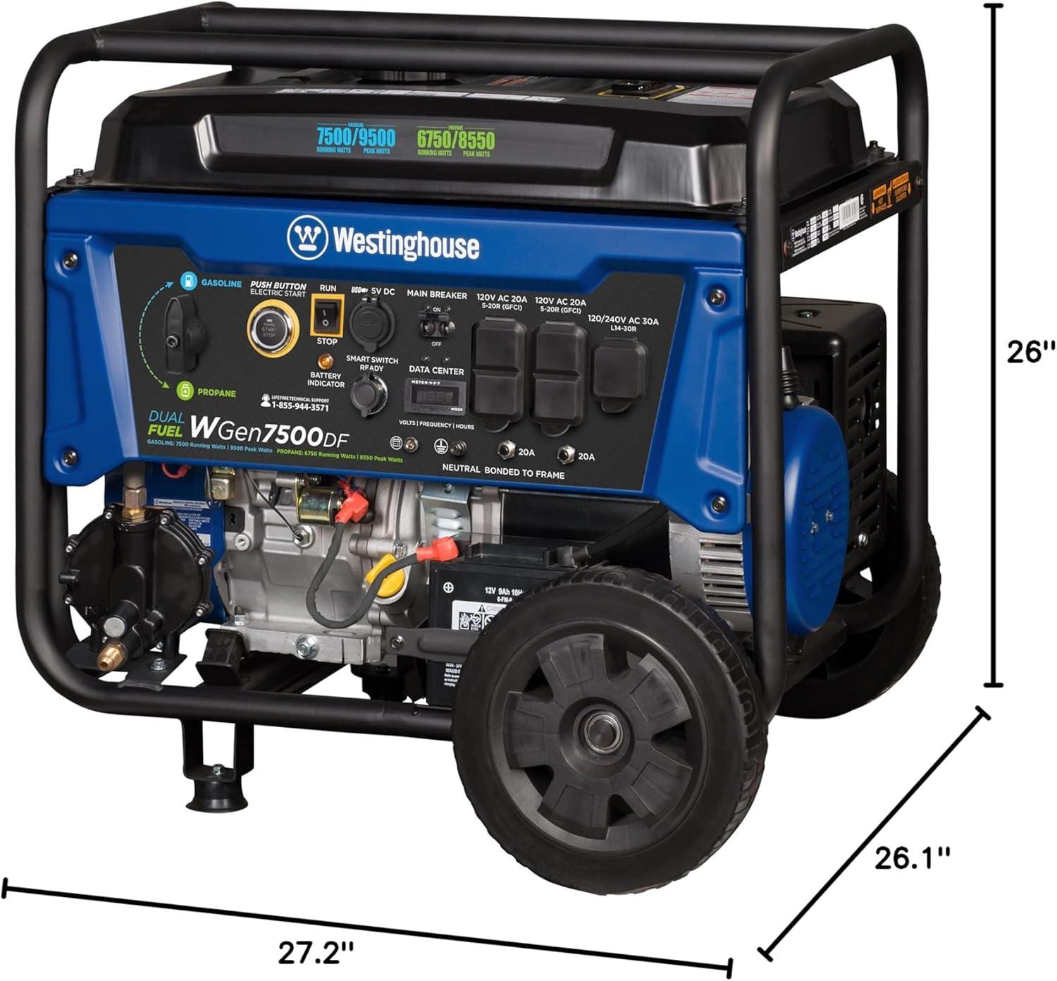 image:imageWestinghouse 7500 Peak Watt EFI Dual Fuel Home Backup Portable Generator Remote Electric Start Transfer Switch Ready Gas and Propane Powered CO Sensor CARB Compliant9500 Watts Dual Fuel