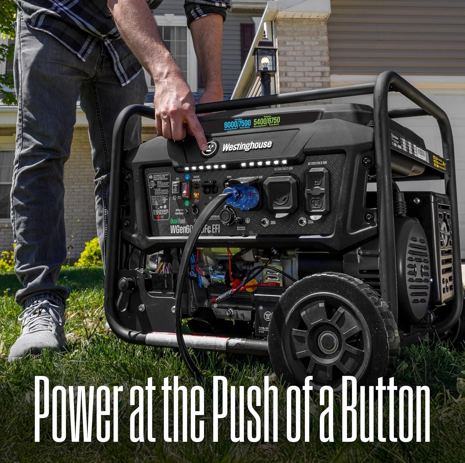 image:imageWestinghouse 7500 Peak Watt EFI Dual Fuel Home Backup Portable Generator Remote Electric Start Transfer Switch Ready Gas and Propane Powered CO Sensor CARB Compliant7500 Watts Dual Fuel EFI