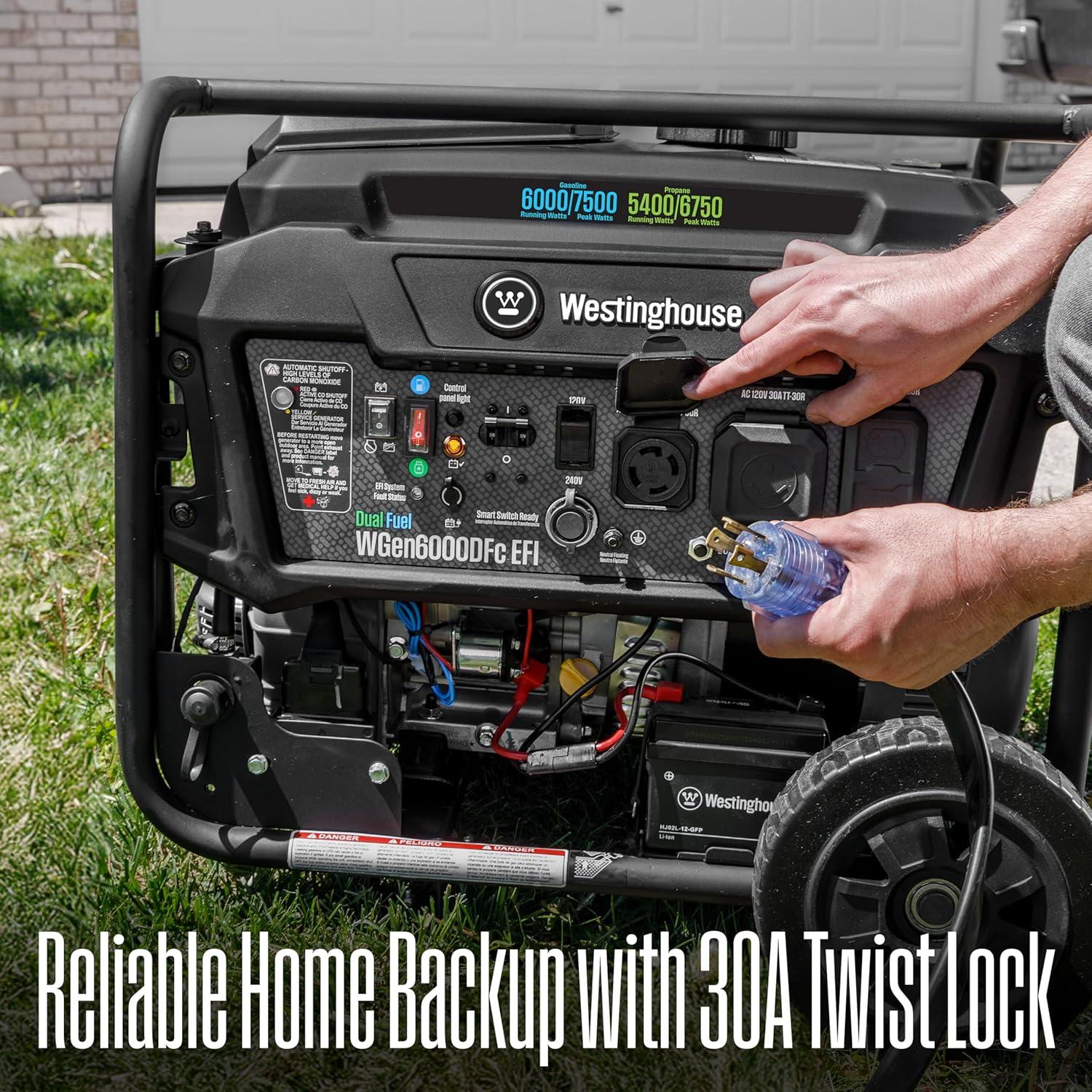 image:imageWestinghouse 7500 Peak Watt EFI Dual Fuel Home Backup Portable Generator Remote Electric Start Transfer Switch Ready Gas and Propane Powered CO Sensor CARB Compliant7500 Watts Dual Fuel EFI