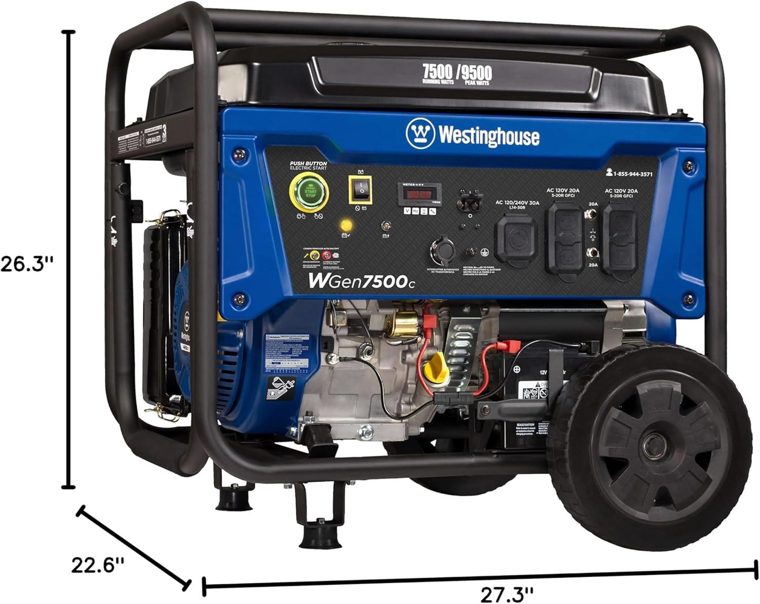 image:imageWestinghouse 7500 Peak Watt EFI Dual Fuel Home Backup Portable Generator Remote Electric Start Transfer Switch Ready Gas and Propane Powered CO Sensor CARB Compliant9500 Watts Gas Only CO Sensor