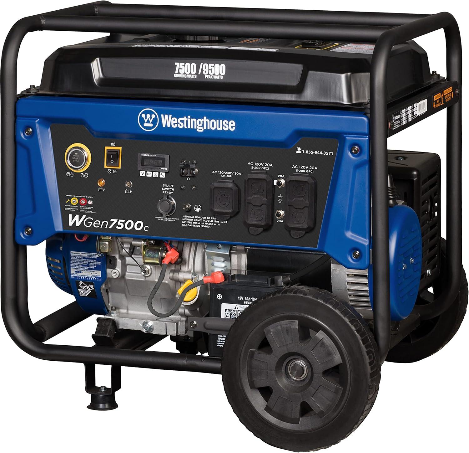 image:imageWestinghouse 7500 Peak Watt EFI Dual Fuel Home Backup Portable Generator Remote Electric Start Transfer Switch Ready Gas and Propane Powered CO Sensor CARB Compliant9500 Watts Gas Only CO Sensor