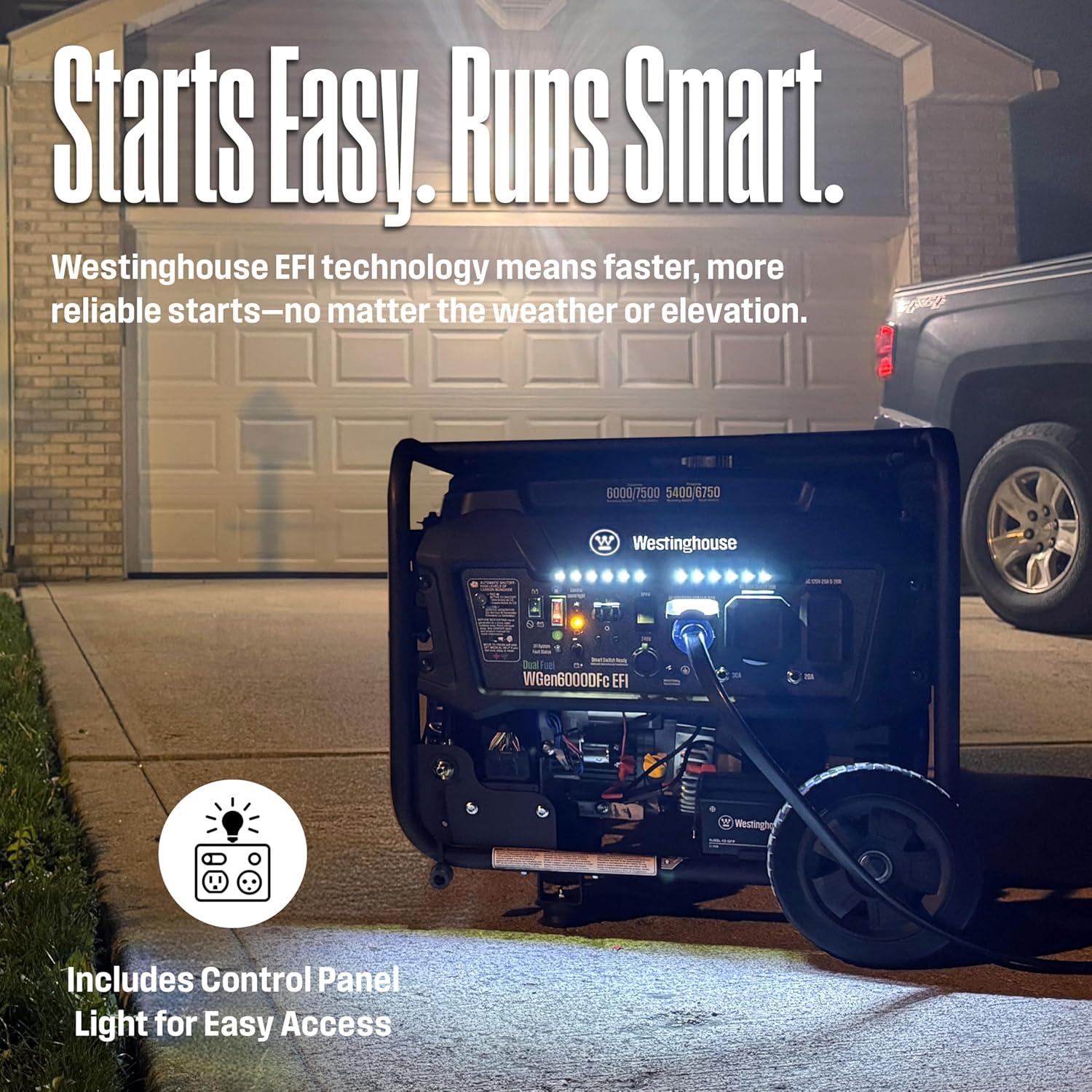 image:imageWestinghouse 7500 Peak Watt EFI Dual Fuel Home Backup Portable Generator Remote Electric Start Transfer Switch Ready Gas and Propane Powered CO Sensor CARB Compliant7500 Watts Dual Fuel EFI